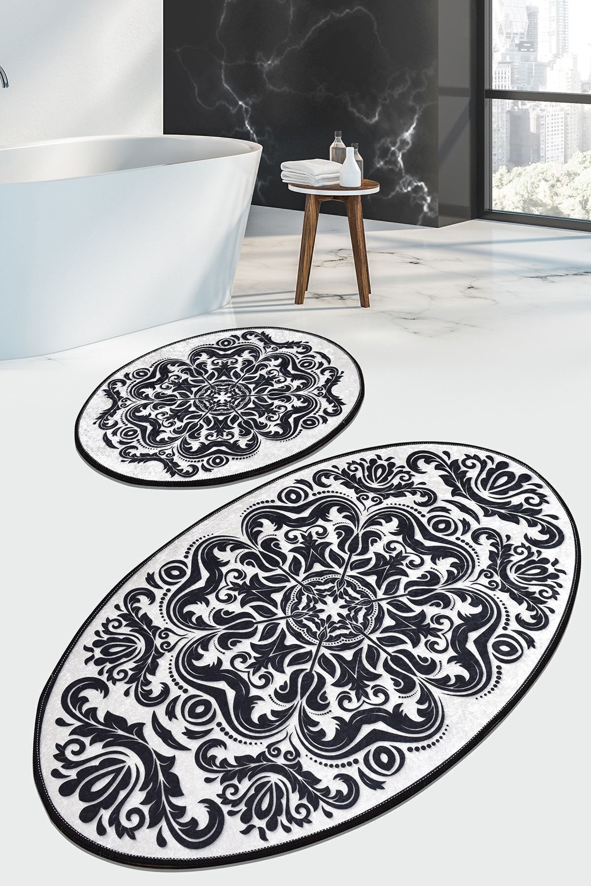 Chilai Home Motivas Black Djt 2'li Set Banyo Halısı Klozet Takımı Paspas Seti