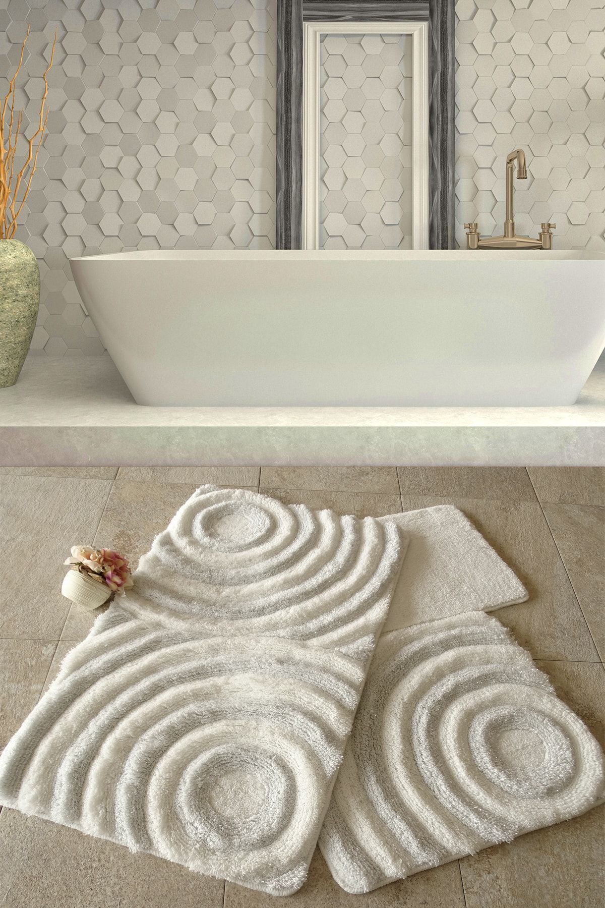 Iromica Home Wave Beyaz 3'lü Set Banyo Halısı Yıkanabilir, Kaymaz Taban Akrilik