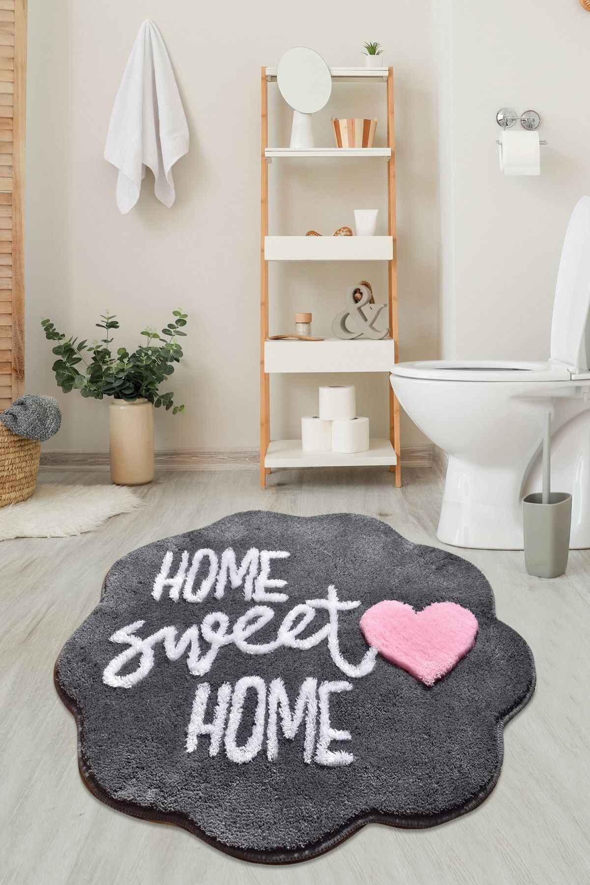 Iromica Home Home Sweet Home Füme Çap 90x90 Cm Klozet Takımı, Banyo Paspas Seti Halısı Akrilik