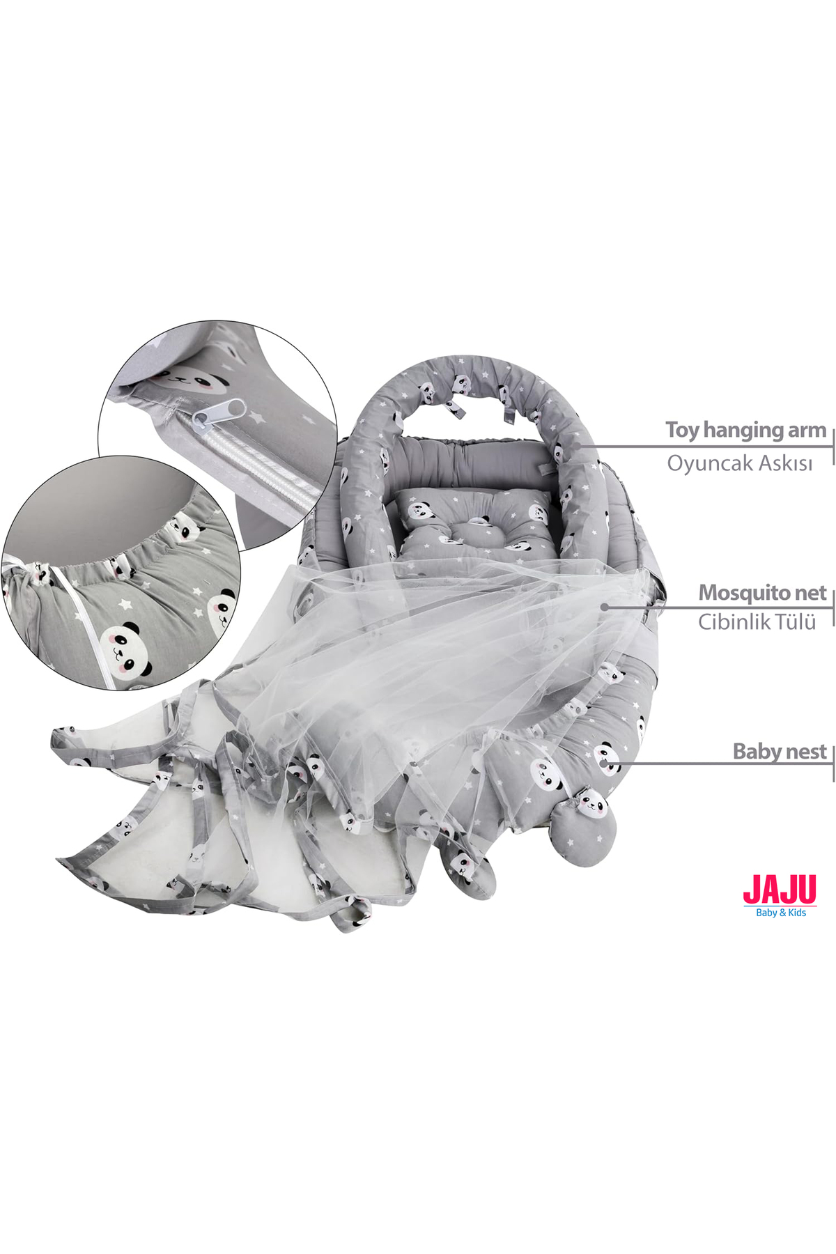 Jaju Baby Babynest Gri Panda Cibinlik Tüllü Ve Oyuncak Askılı Organik Jaju Babynest Anne Yanı Bebek Yatağı fotoğrafı 3 (önizleme)