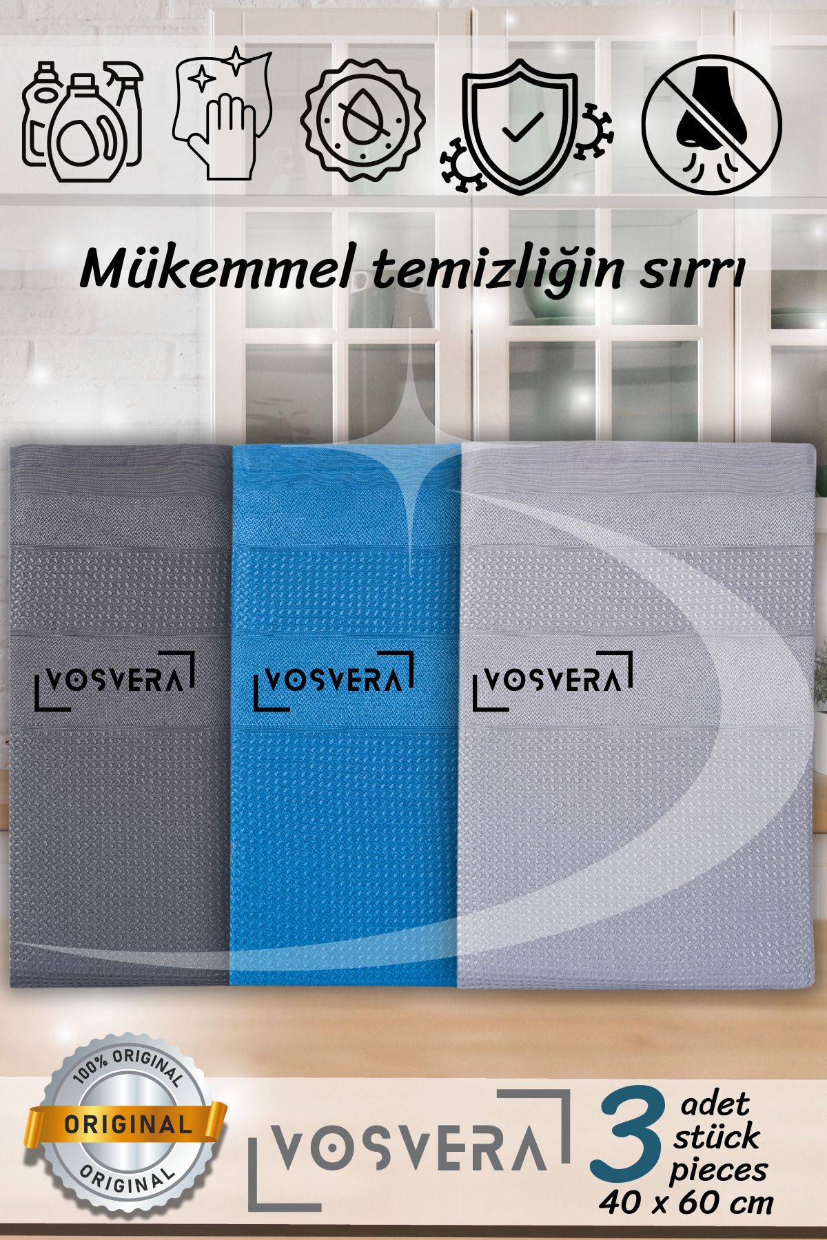 vosvera 3Adet %100 Mikrofiber Temizlik Bezi Leke Çıkarıcı Cam Bezi YüzeyTemizleyici Orijinal Kurulama Bezi