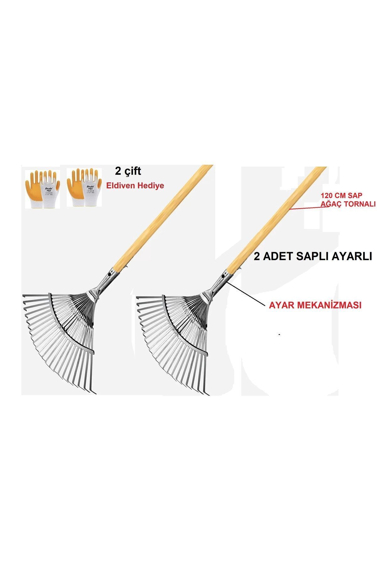 Sapcı Tırmık Ahşap Saplı, Ayarlı Metal Çim ve Yaprak Toplama Eldiven Hediyeli 2 Adet