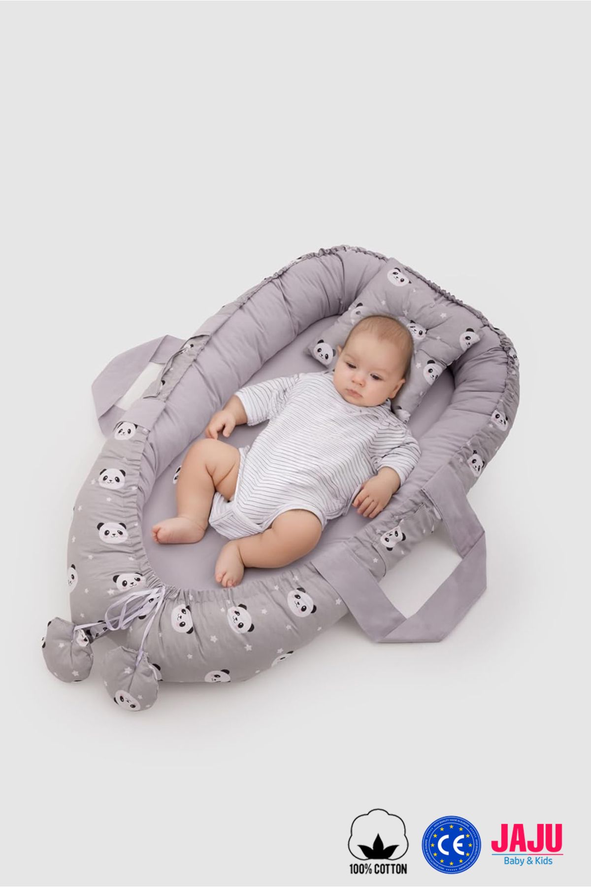 Jaju Baby Gri Panda Babynest Yenidoğan Anne Yanı Yatak Ve Baş Yastığı Taşınabilir Baby Nest