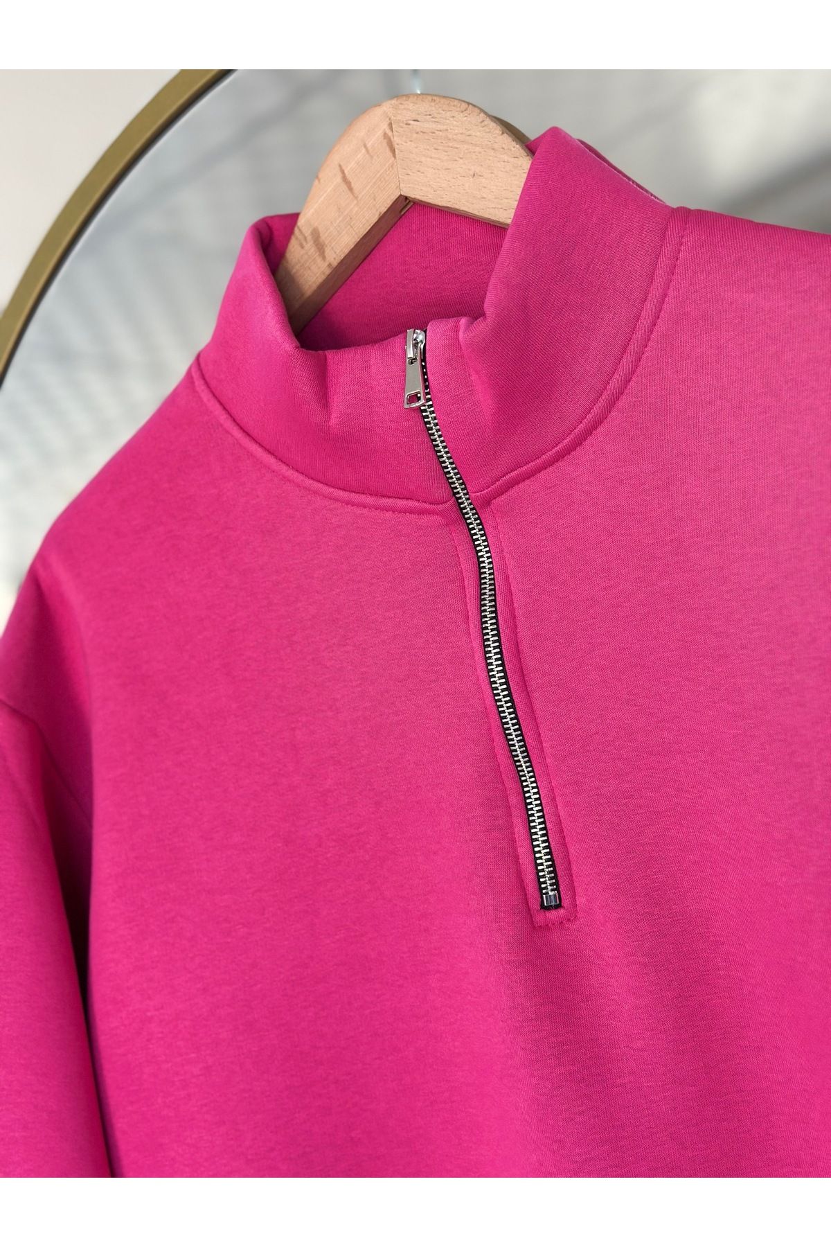 Ebrar Store-Fuchsia Half Turtleneck Birgül Zip Three String Sweat-Zn1055 3