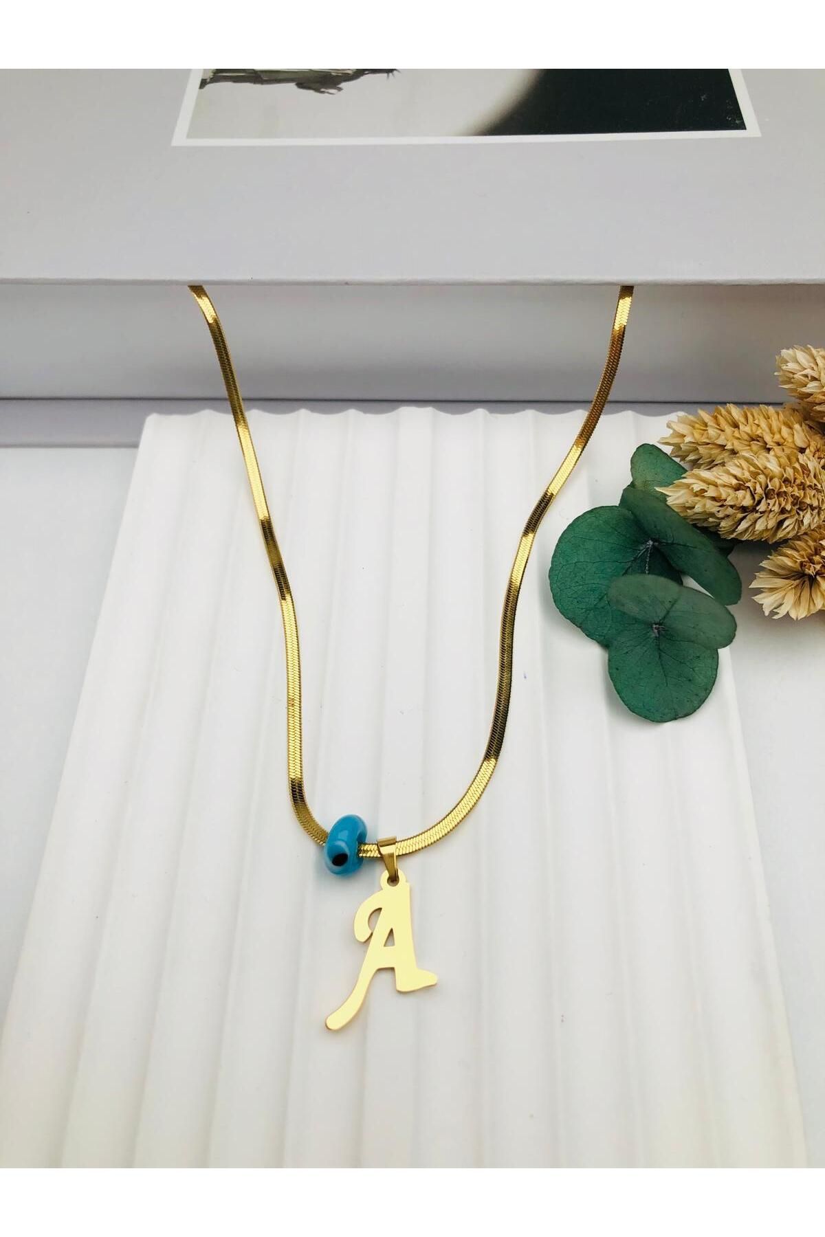 HEDİYELANDY Nazar Boncuklu İtalyan (A) Harf Çelik Kolye 45 Cm (Gold) 0106236