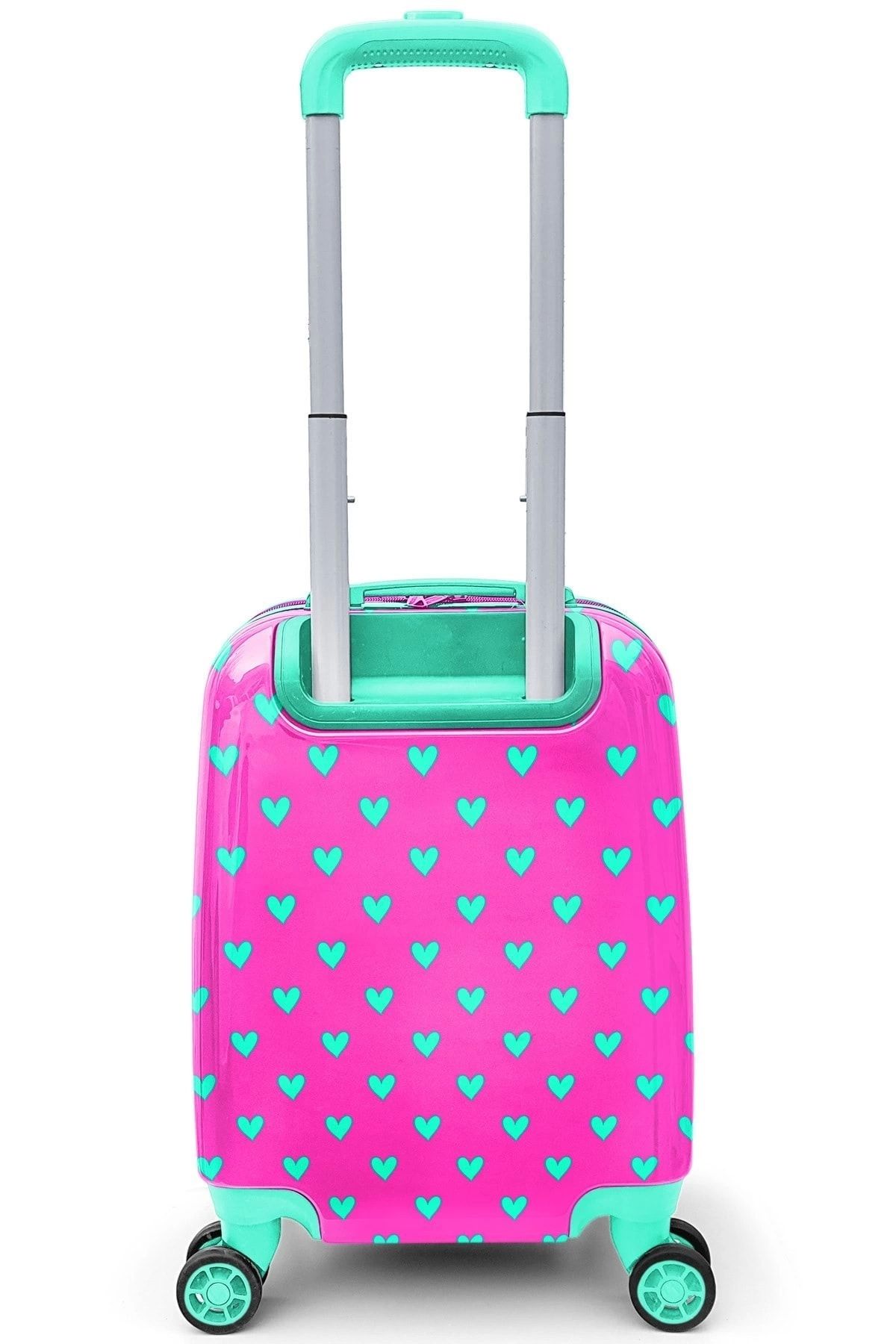Coral High-Kids Neon Pink Water Green Heart Patterned Children's Suitcase 16715 8