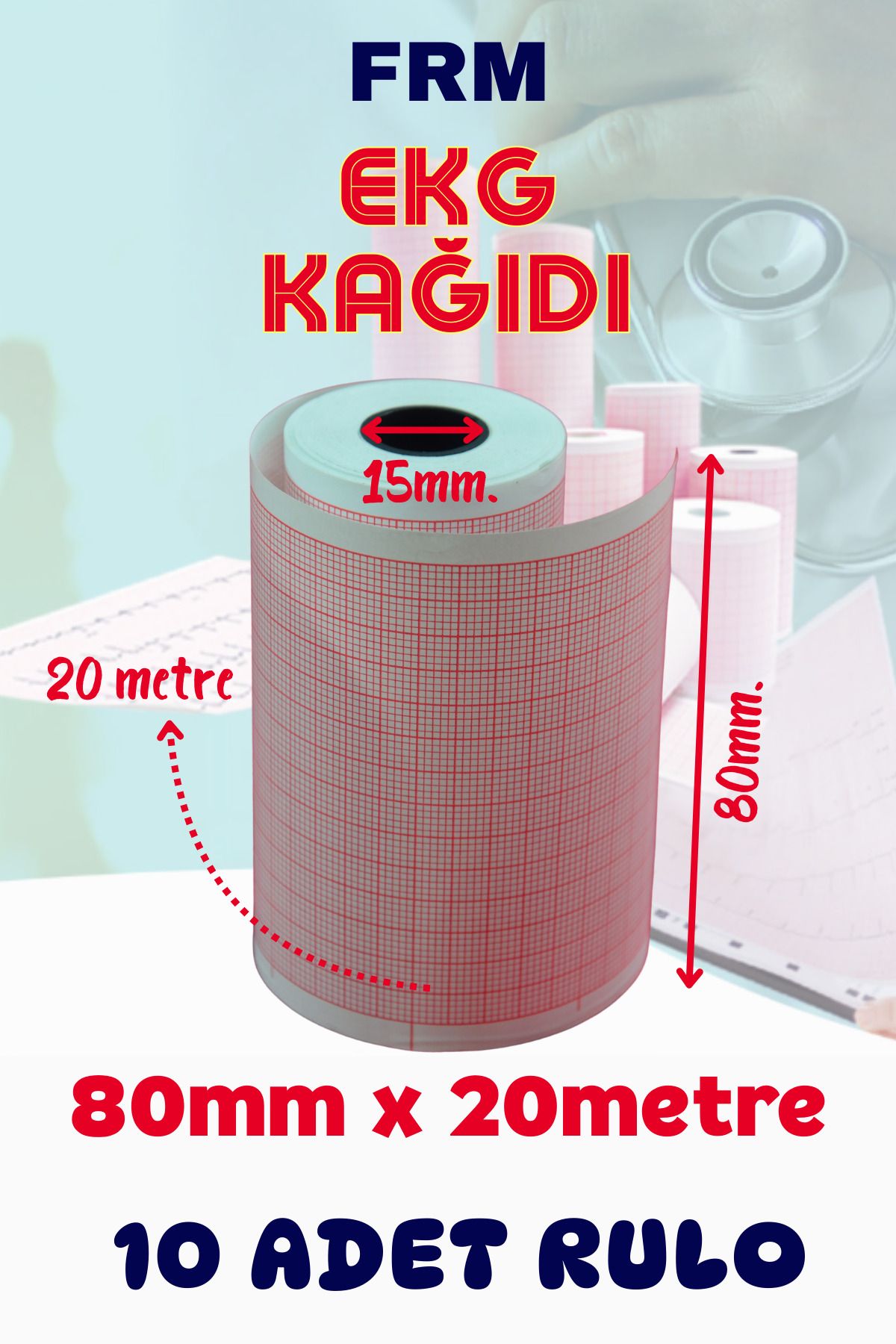 FRM Ekg Ecg Kağıdı Termal Rulo 80mmx20m (8CM) 10 Adet Biocare Medwelt Kohden Firstmed Plusmed Uyumlu