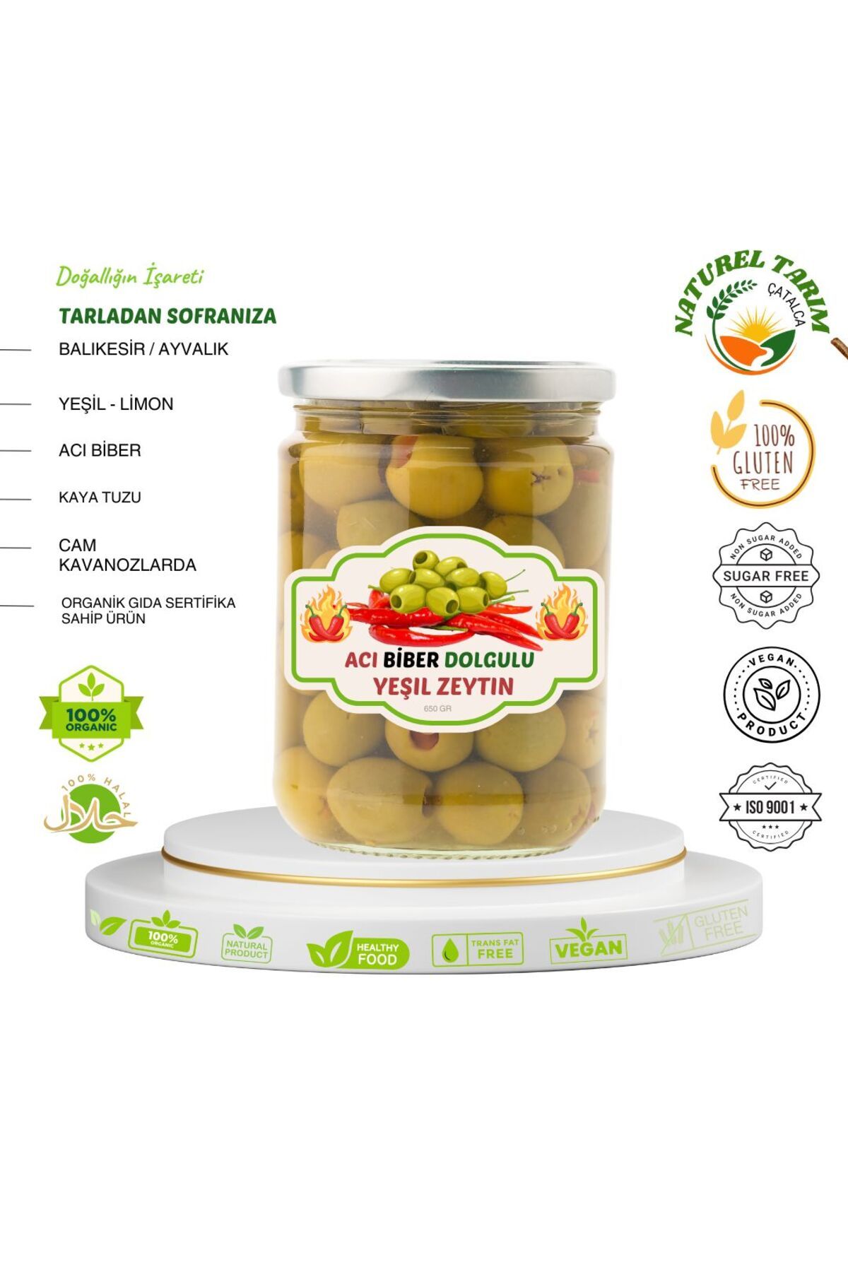 NATUREL ORGANİK ACI BİBER DOLGULU YEŞİL ZEYTİN 650 GR