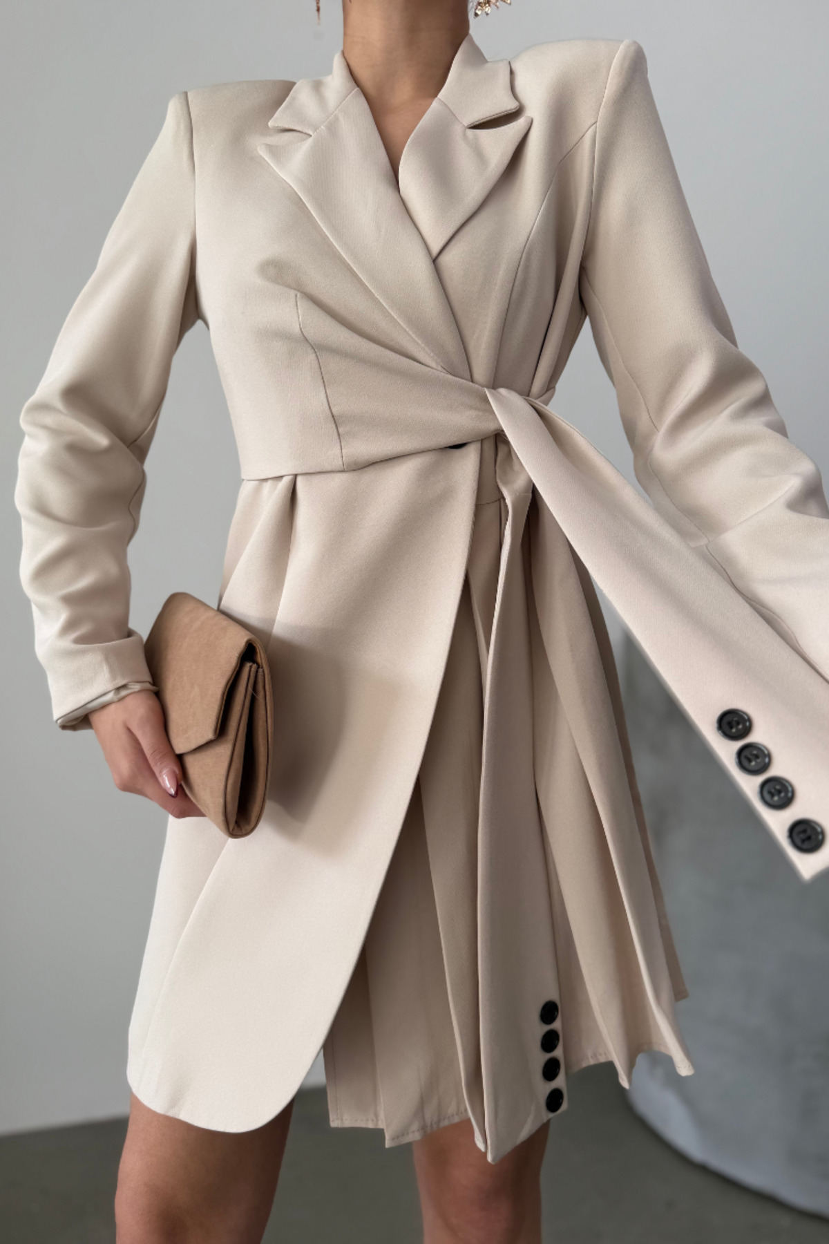 Robe Femme Mini Chic Manches Longues Ceinturée Croisée Plissée Veste Robe - Görsel 4
