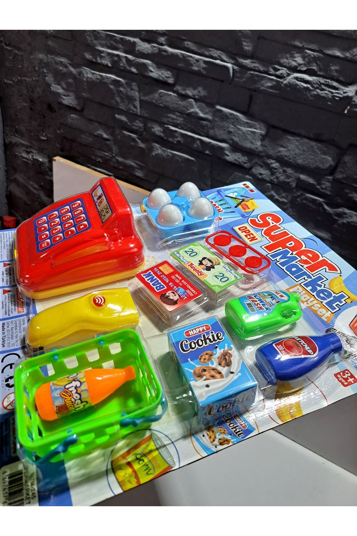 FEN TOYS OYUNCAK EVCİLİK OYUNU YAZAR KASALI 34X37cm 15parça yazar kasa para yumurta  market ürünleri