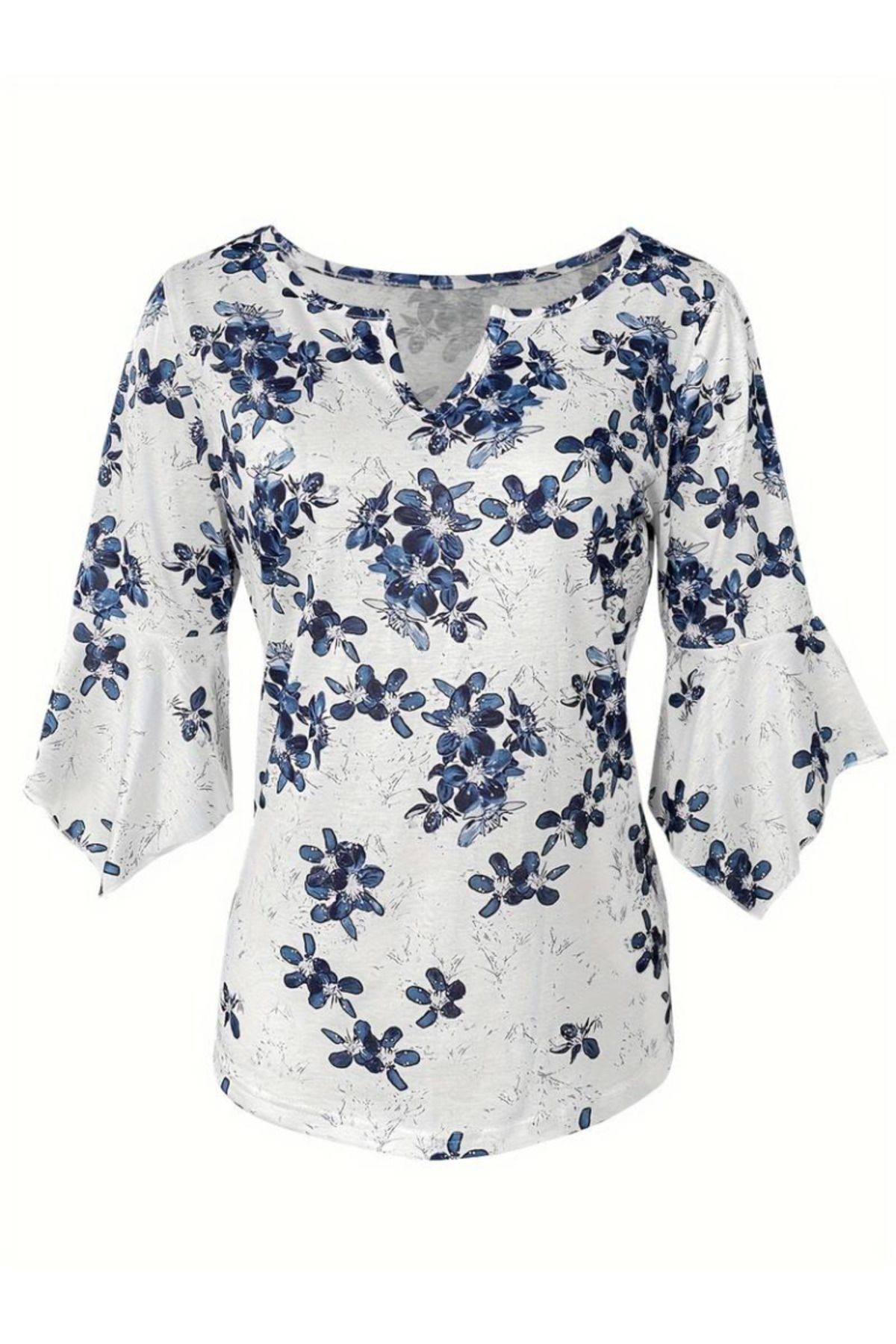 Simayshopping-Women's Poor Sleeve Ruffled V-Neck Floral Print Imported Linen Blouse 4