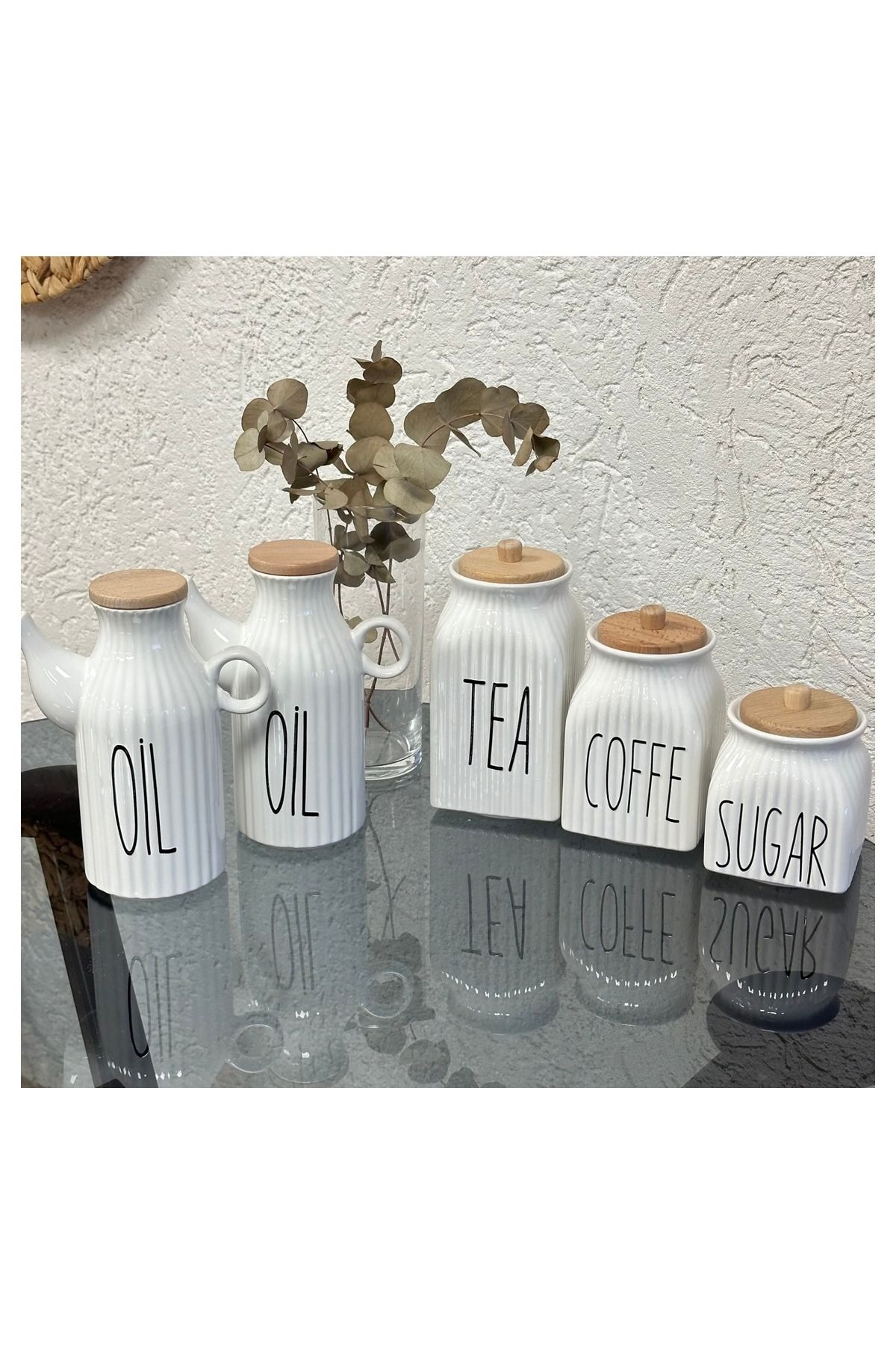 Pembelia Life 5 Parça Takım 2’li Porselen 1000ml Oil Yağdanlık 3’lü Kavanoz Tea Sugar Coffe Set