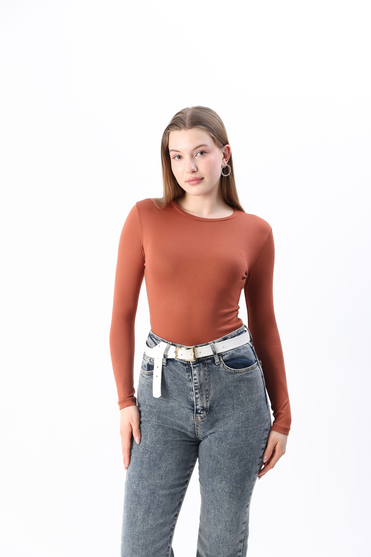 Women's Brown New Season Crew Neck Long Sleeve Combed Cotton Bodysuit