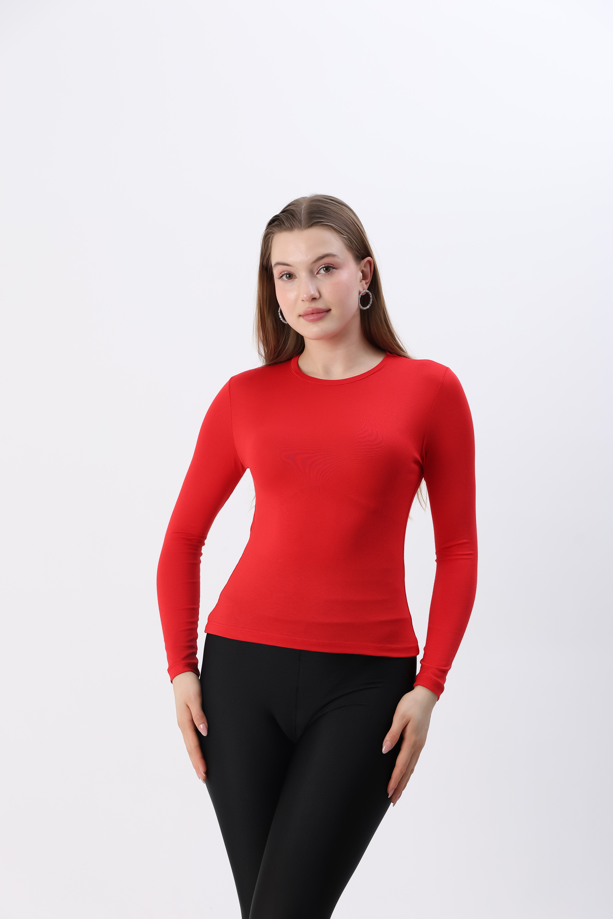 Women's Red New Season Crew Neck Long Sleeve Combed Cotton Bodysuit