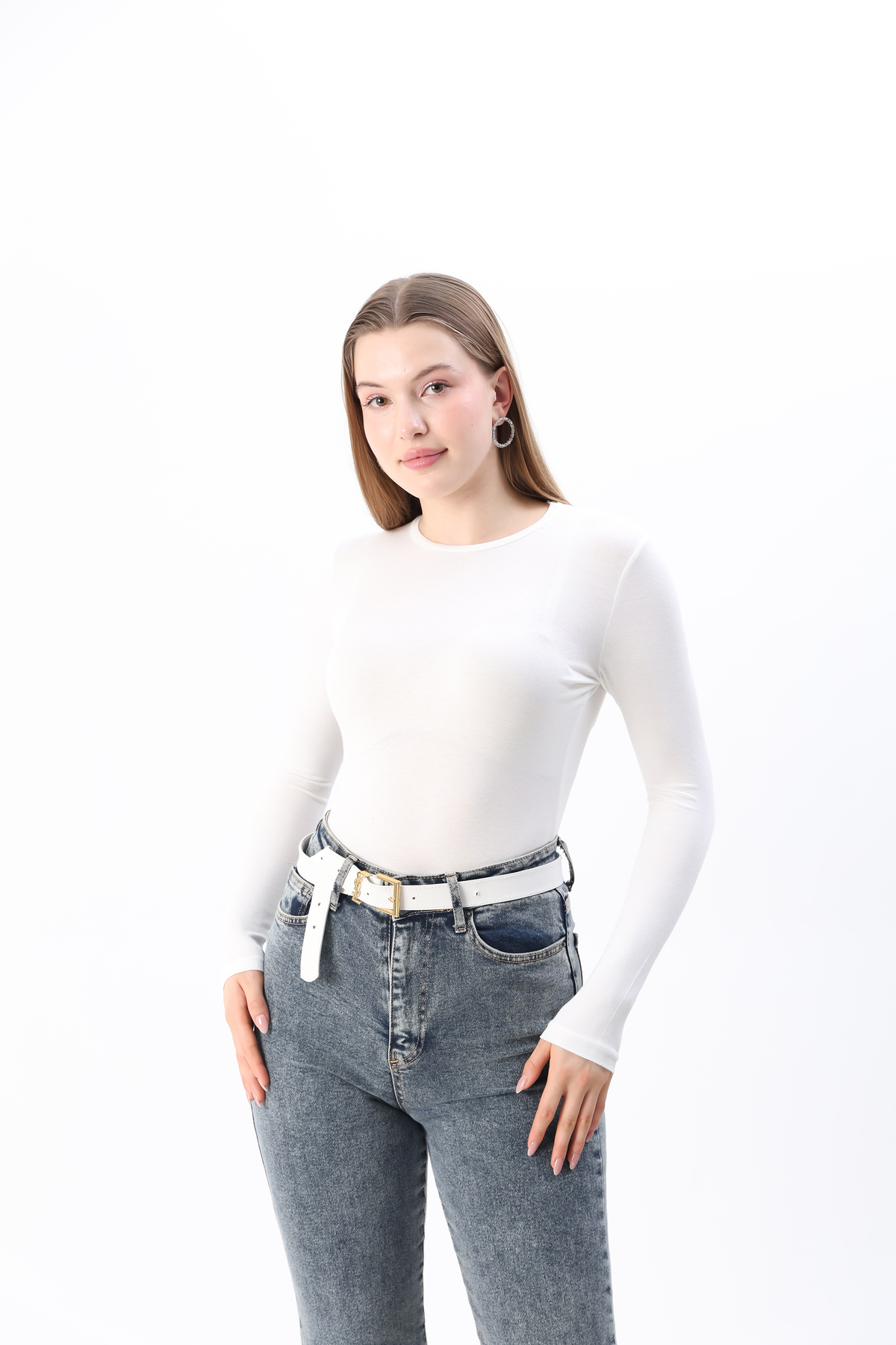 Women's White New Season Crew Neck Long Sleeve Combed Cotton Bodysuit