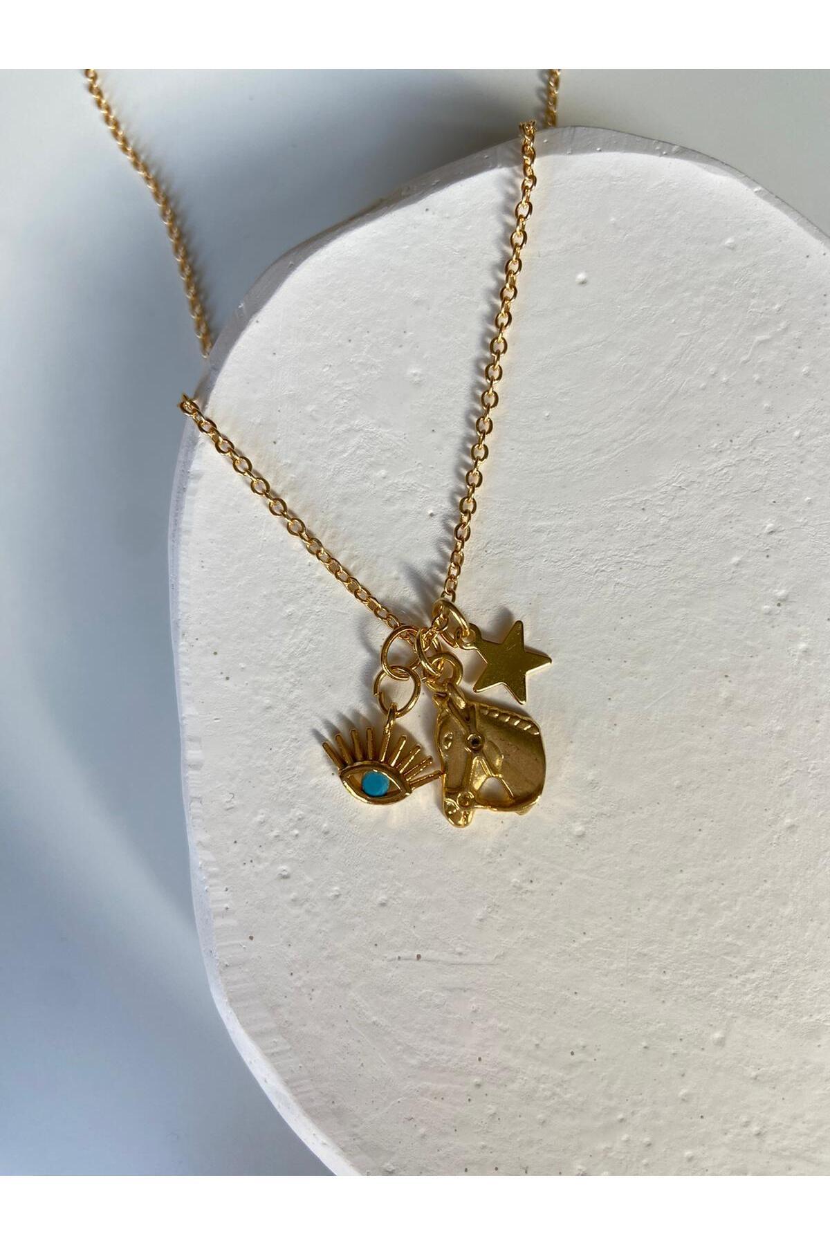 Mavi Göz, At Ve Yıldız Altın Kaplama Gold Charm Kolye Sevgililer Günü Özel