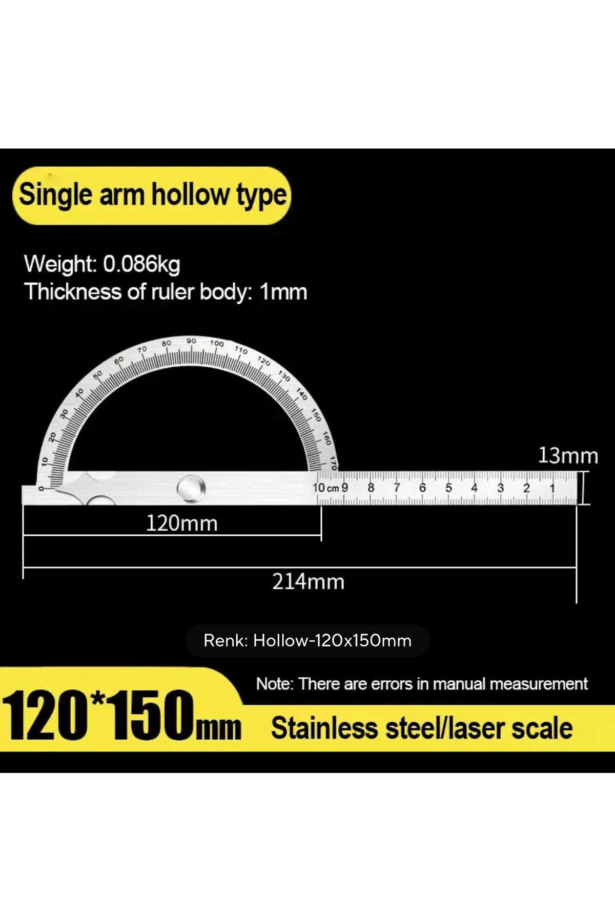 BGA 120mm Açı bulucu iletki cetvel 0-180 derece marangoz mimar gönye cetvel paslanmaz Çelik