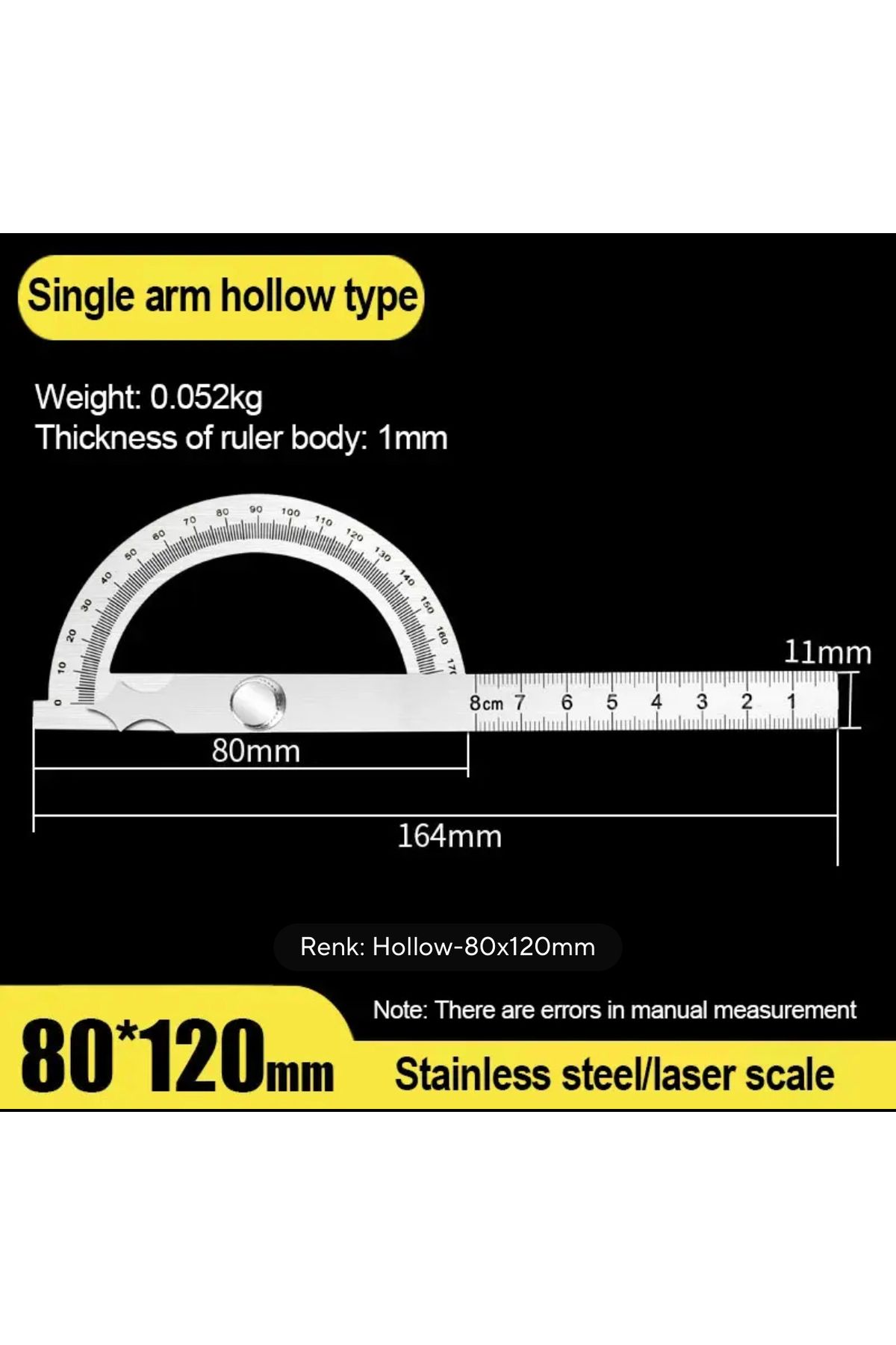 BGA 80mm Cetvel Marangoz Mimar 0-180 Derece Açı Bulucu Gönye Cetvel İletki Açı Bulucu Çelik Cetvel