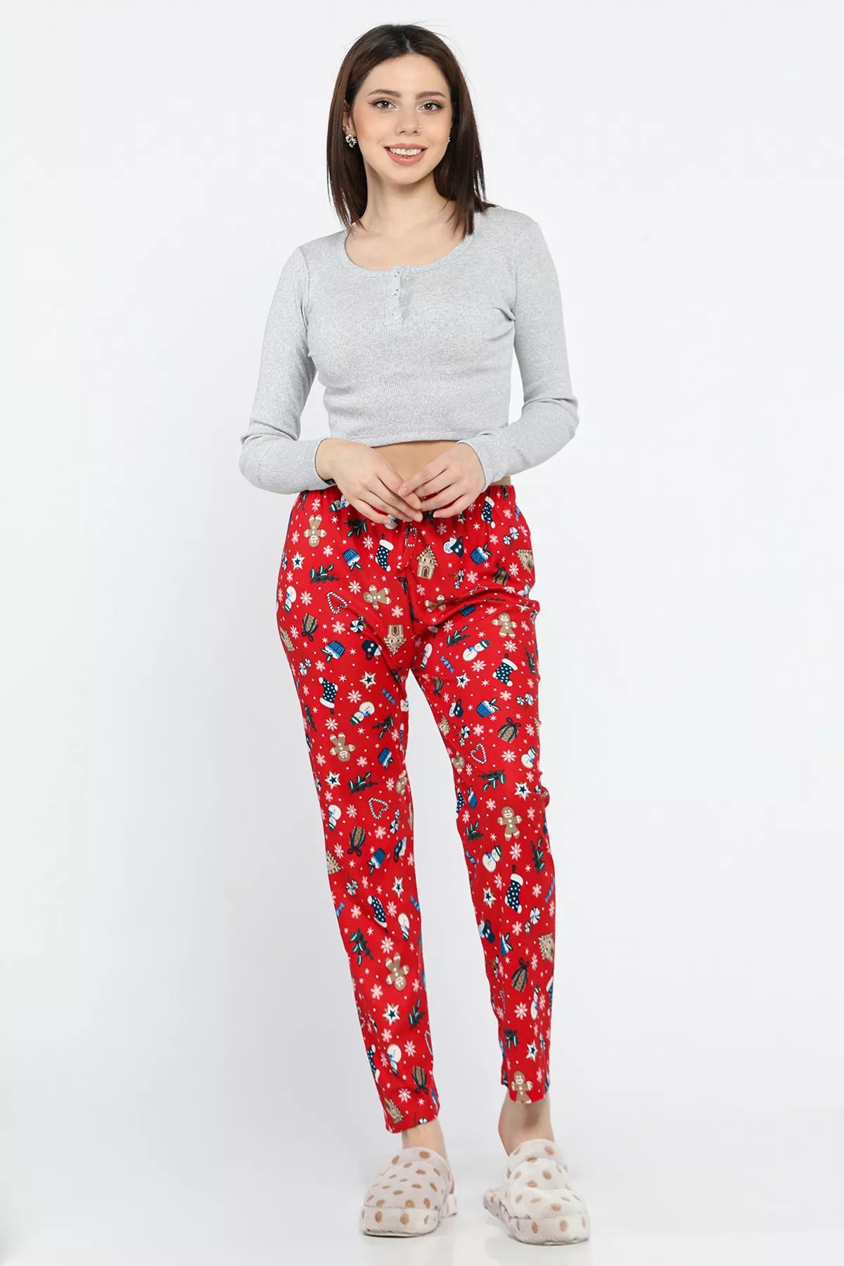 GÜLSELİ-Red Women's Patterned Fleece Pajama Bottoms 2