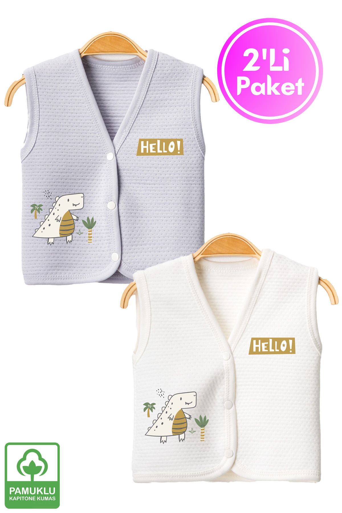 Miniel-Unisex Baby Dino Printed Organic Cotton 3-6-9 Months 2-Piece Quilted Baby Vest Set 1