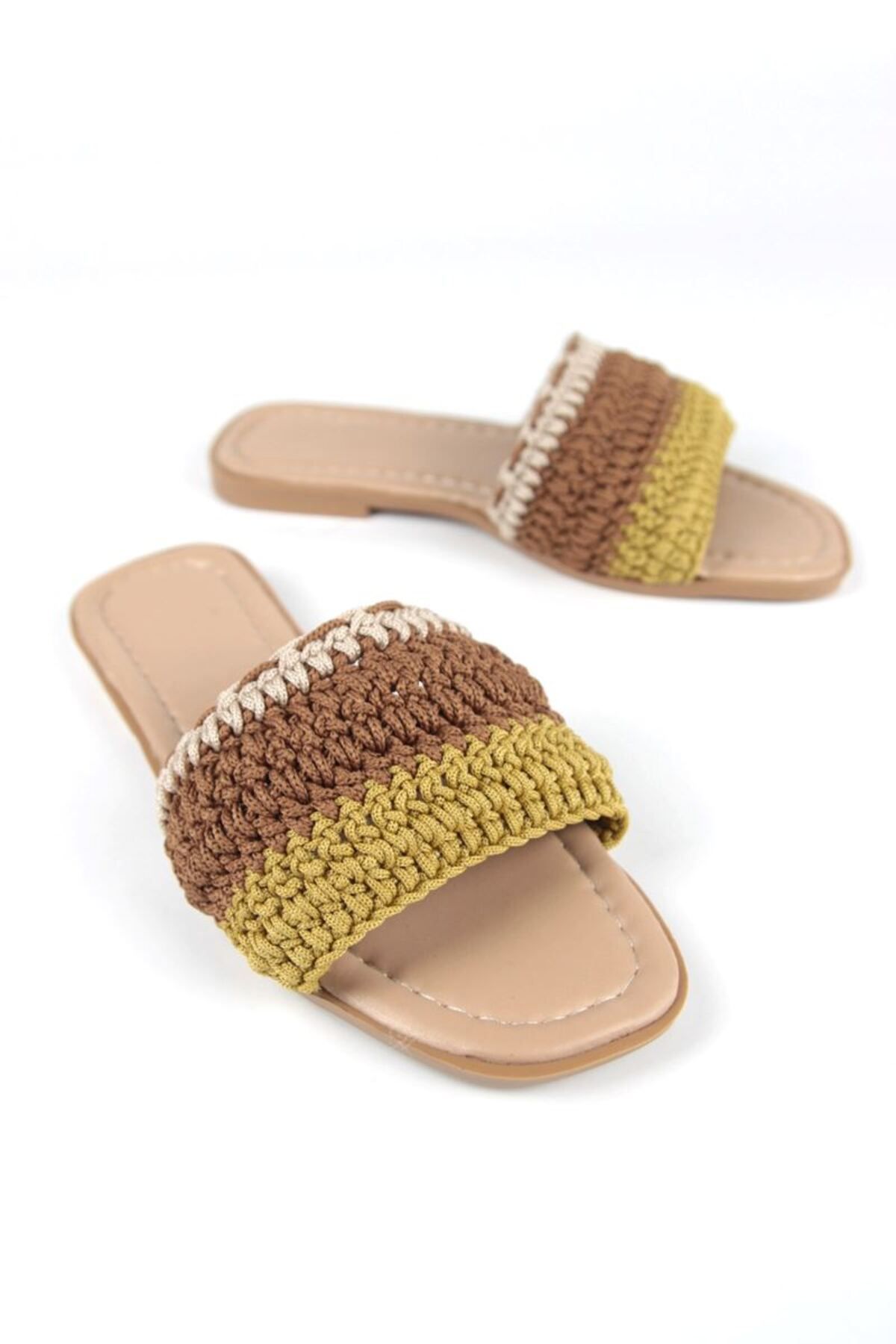 Gökhan Talay-Uranus Women's Colorful Knitted Detailed Tan Skin Slippers 1