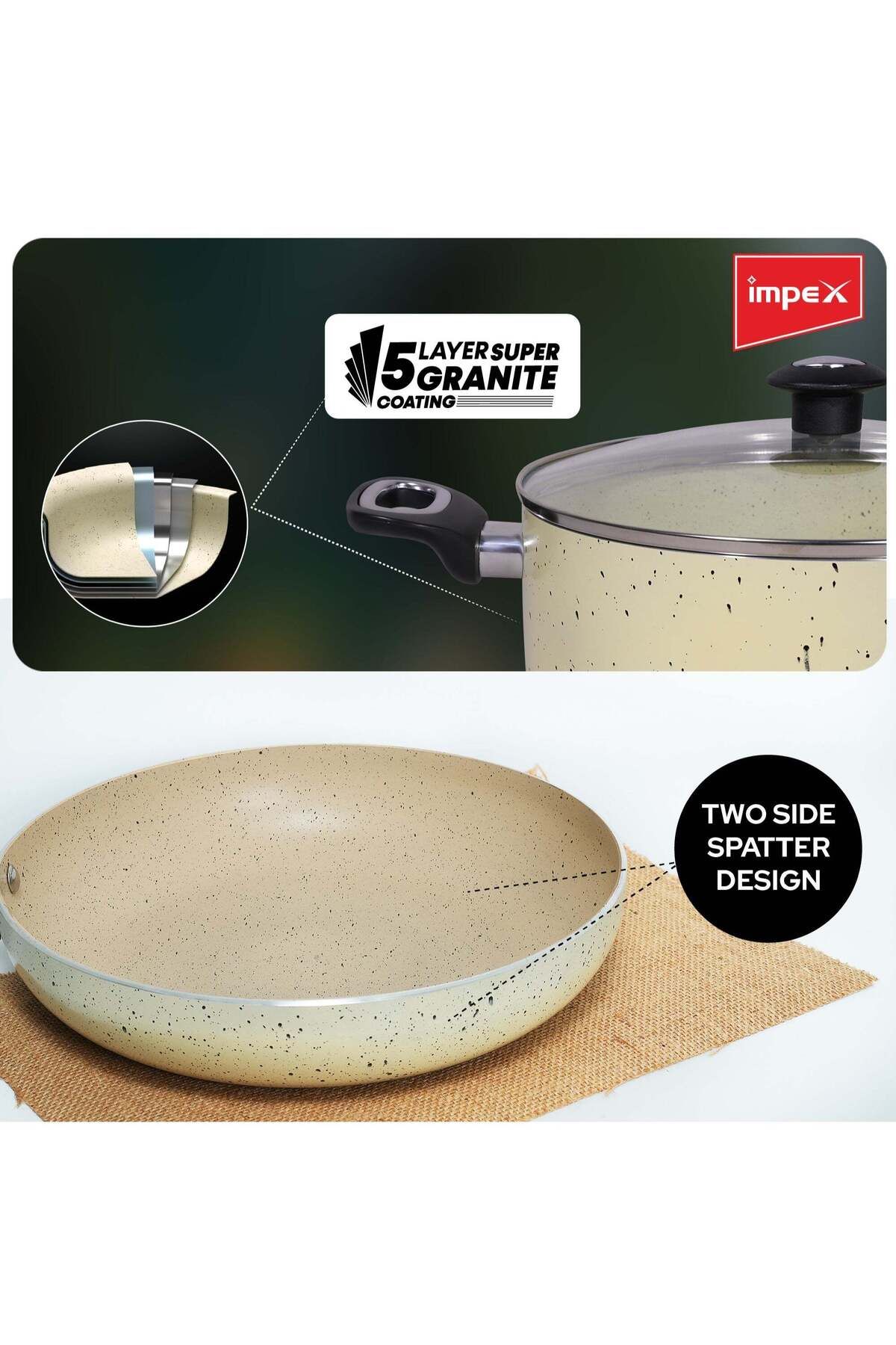 İMPEX-8pcs Cookware Set,5 Layer Granite Coating,Frypan 24cm,2 Saucepan withlid20&24cm,Milkpan withlid 18cm 5