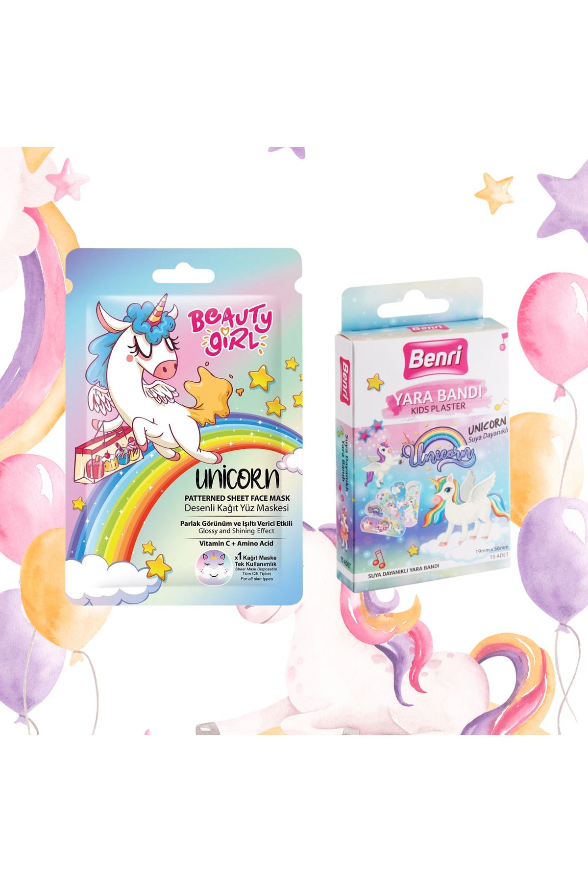 beauty girl Kağıt Yüz Maskesi Unicorn 20 ml -Benri Unicorn Yara Bandı 15'li 2li Set