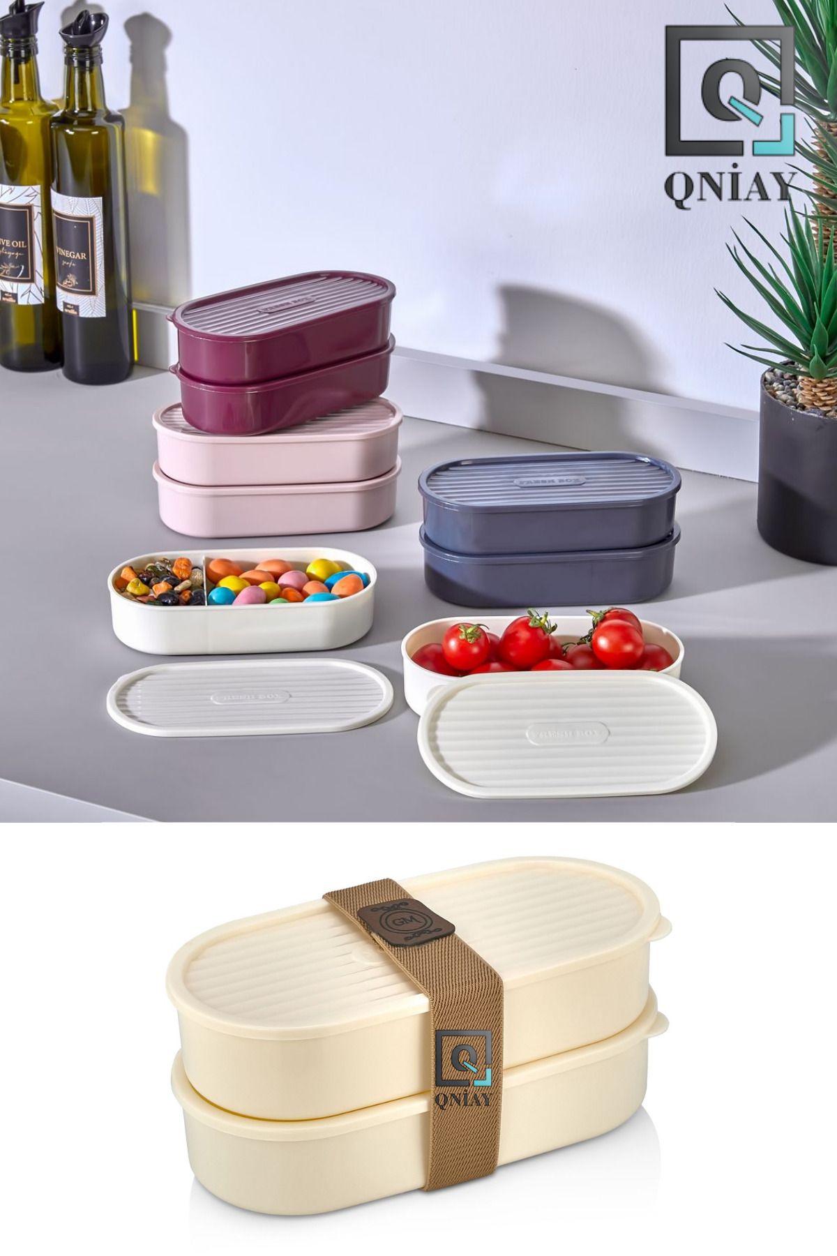 QNİAY-2-Pack Ecru Plastic Storage Container with Lid, 500 ml 3