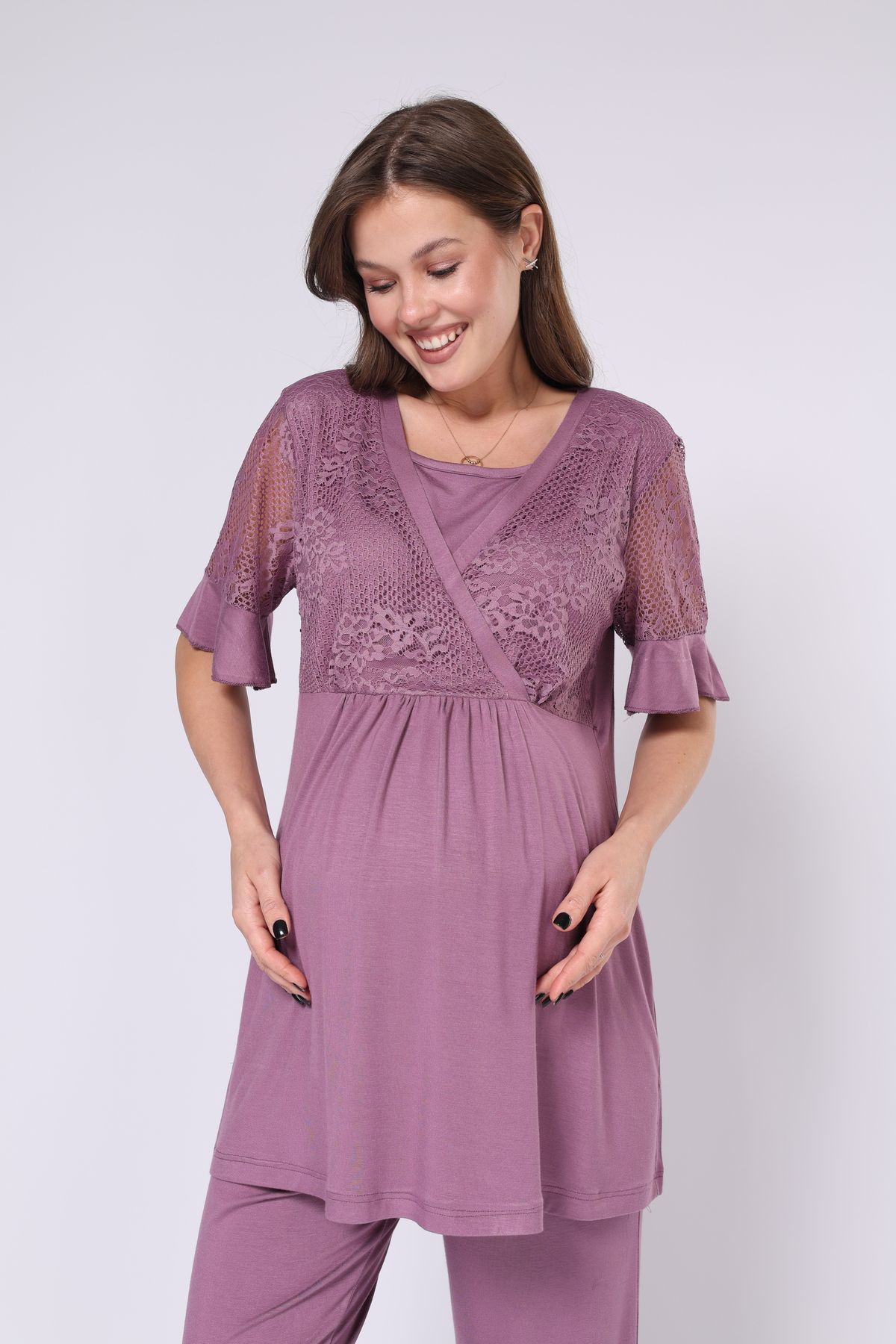 LOHOUSE-Plum Color Double Breasted Cut Lace Cotton 3-Piece Maternity and Dressing Gown Sleepwear Set 6