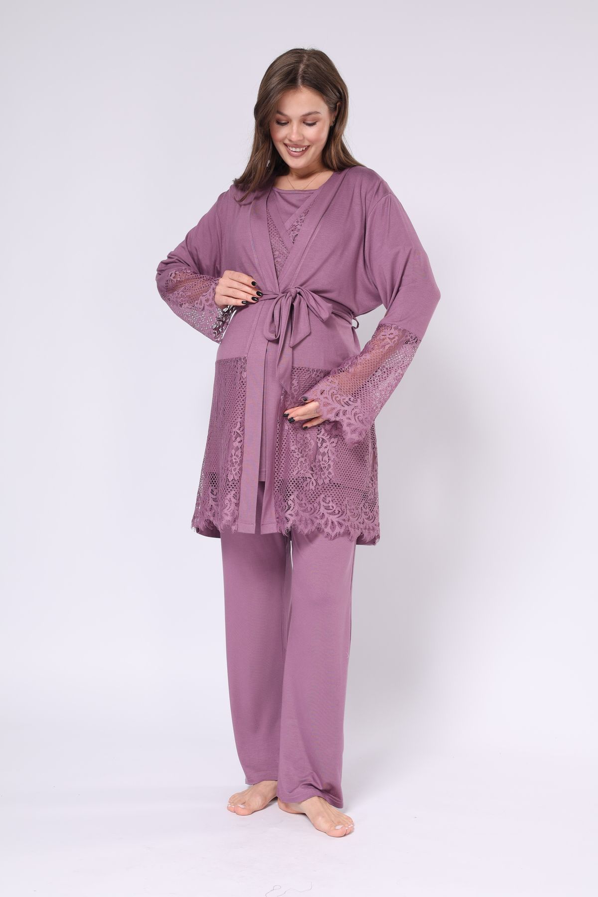 LOHOUSE-Plum Color Double Breasted Cut Lace Cotton 3-Piece Maternity and Dressing Gown Sleepwear Set 7