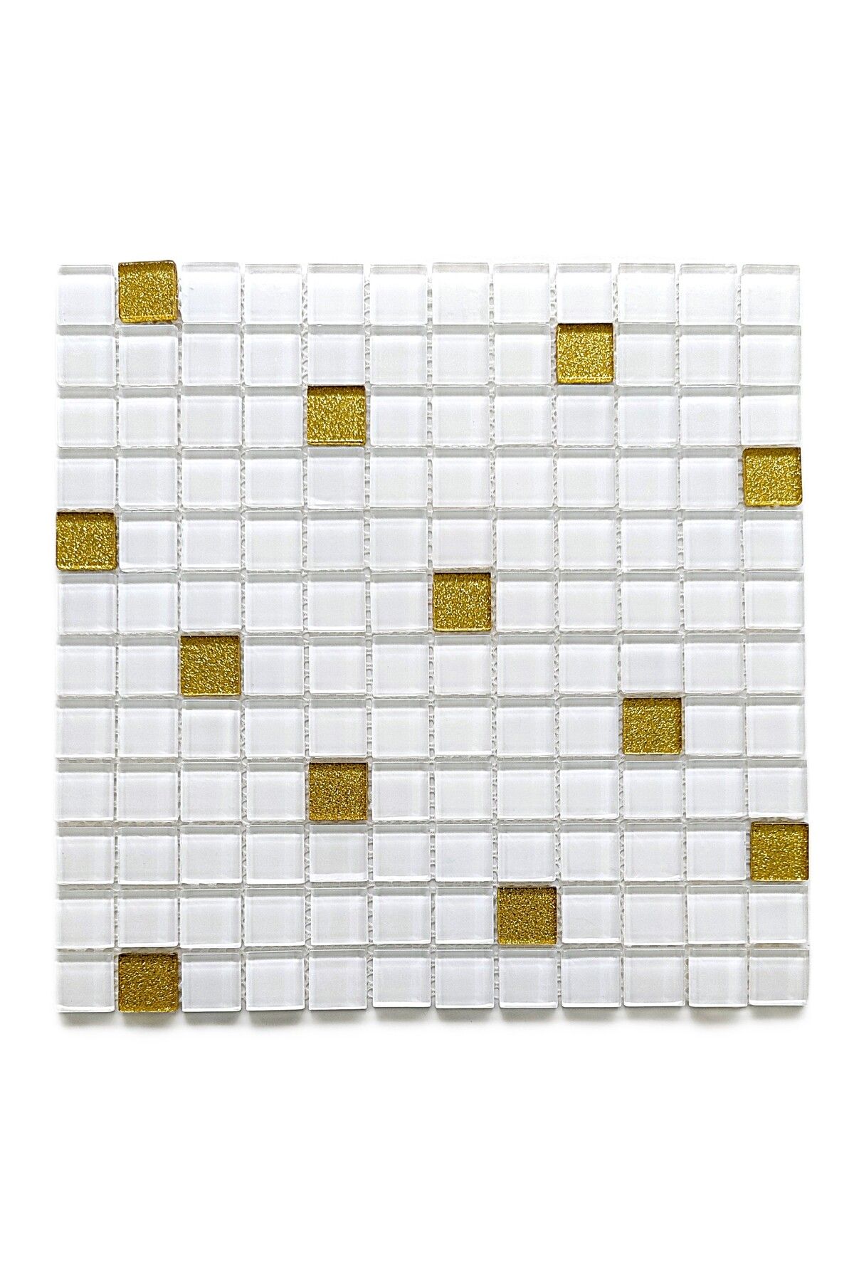 MozaiKristaL Mutfak, Banyo ve tüm yüzeyler için 23x23mm Beyaz-Altın, 30x30cm Fileli Kristal Mozaik