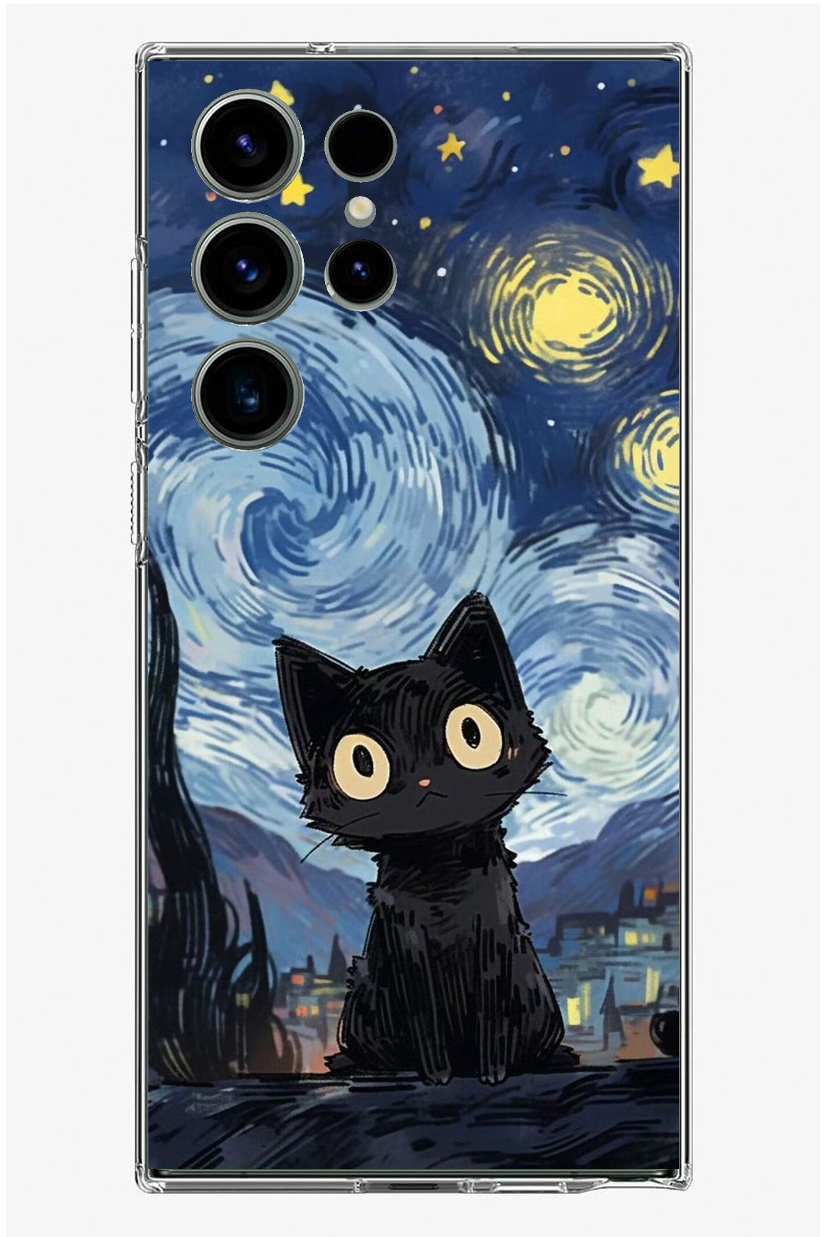 TechTree Samsung Galaxy S23 Ultra Uyumlu Gece Yarısı Kedi Tasarımlı Şeffaf Silikon Kılıf