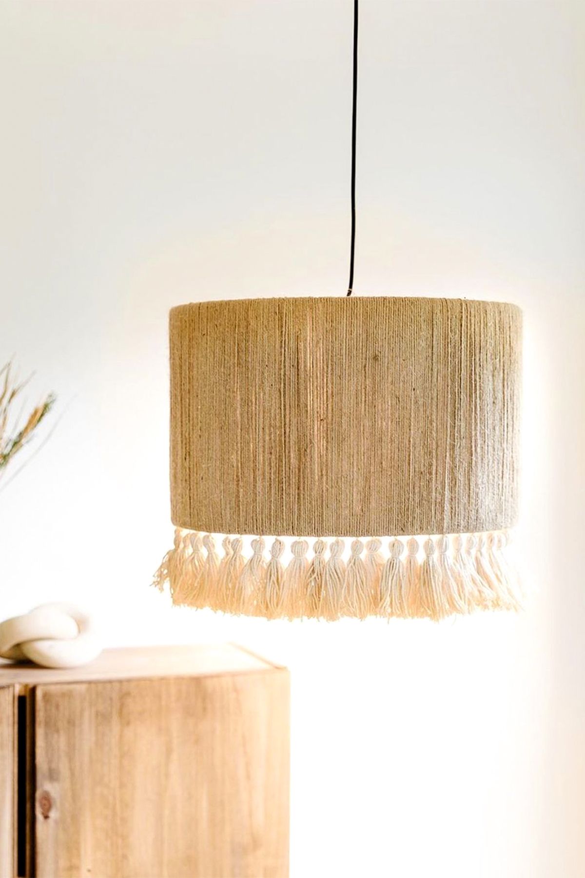 NAYSco-Long Bohemian Rustic Chandelier - Wicker and Tassel 1