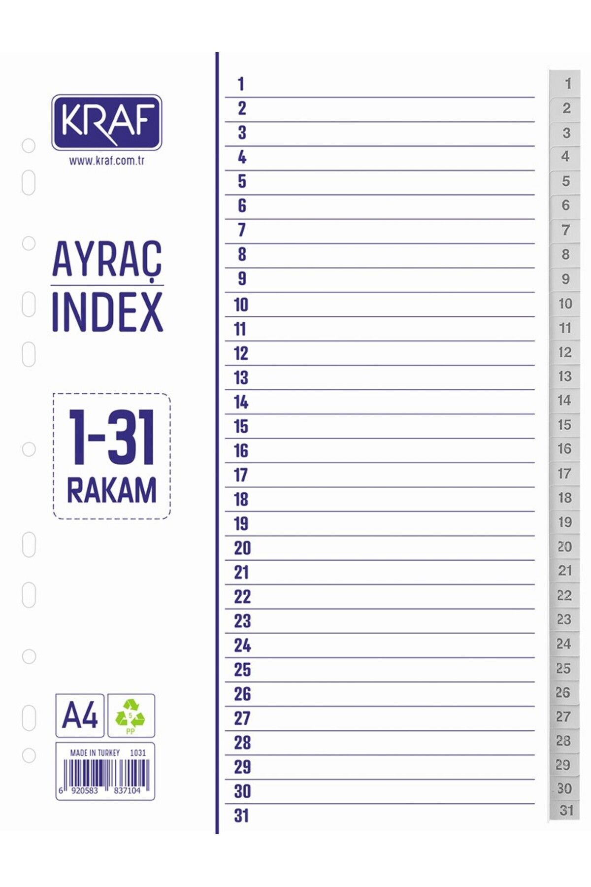 KRAF Dosya Separatörü - Ayraç  1-31 Rakam