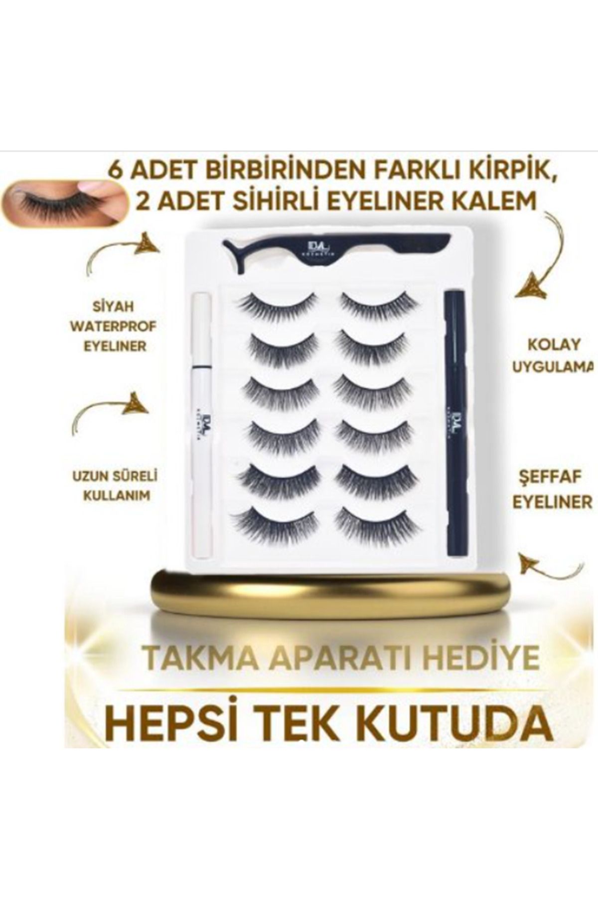 gaman 6'lı Takma Kirpik Seti 2 Adet Sihirli Şeffaf ve Siyah Eyeliner Yapıştırıcı Takma Apartı Hediye