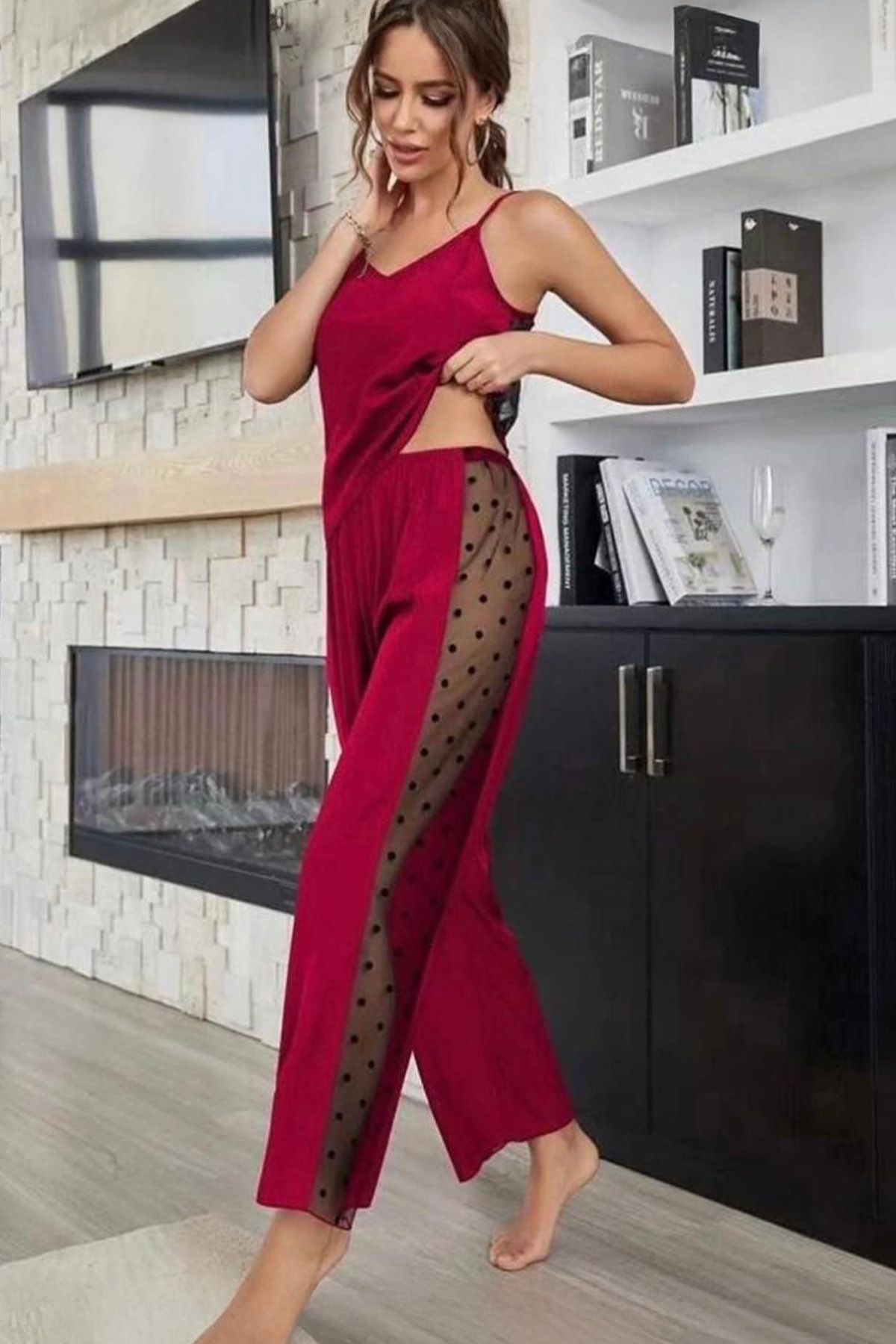 Rasabeauty Rasa Bambu Tül Detaylı Askılı Pijama Takımı Bordo