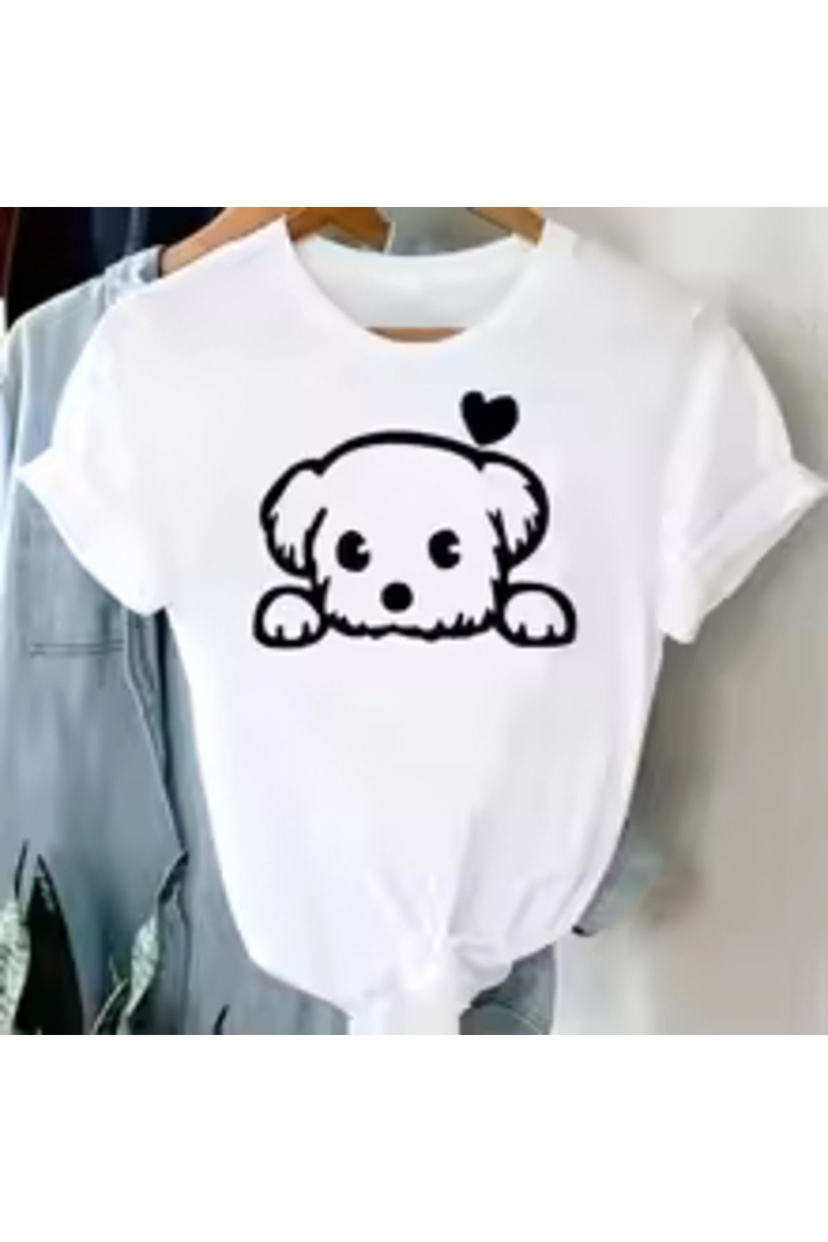 Boi Lovely Maltese Dog Heart Tasarım Tişört- Siyah Beyaz Oversize pamuklu Tişört