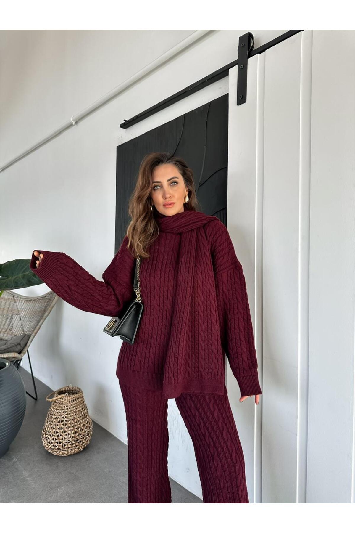 Ensemble Bordeaux avec écharpe tressée en cheveux - Görsel 7
