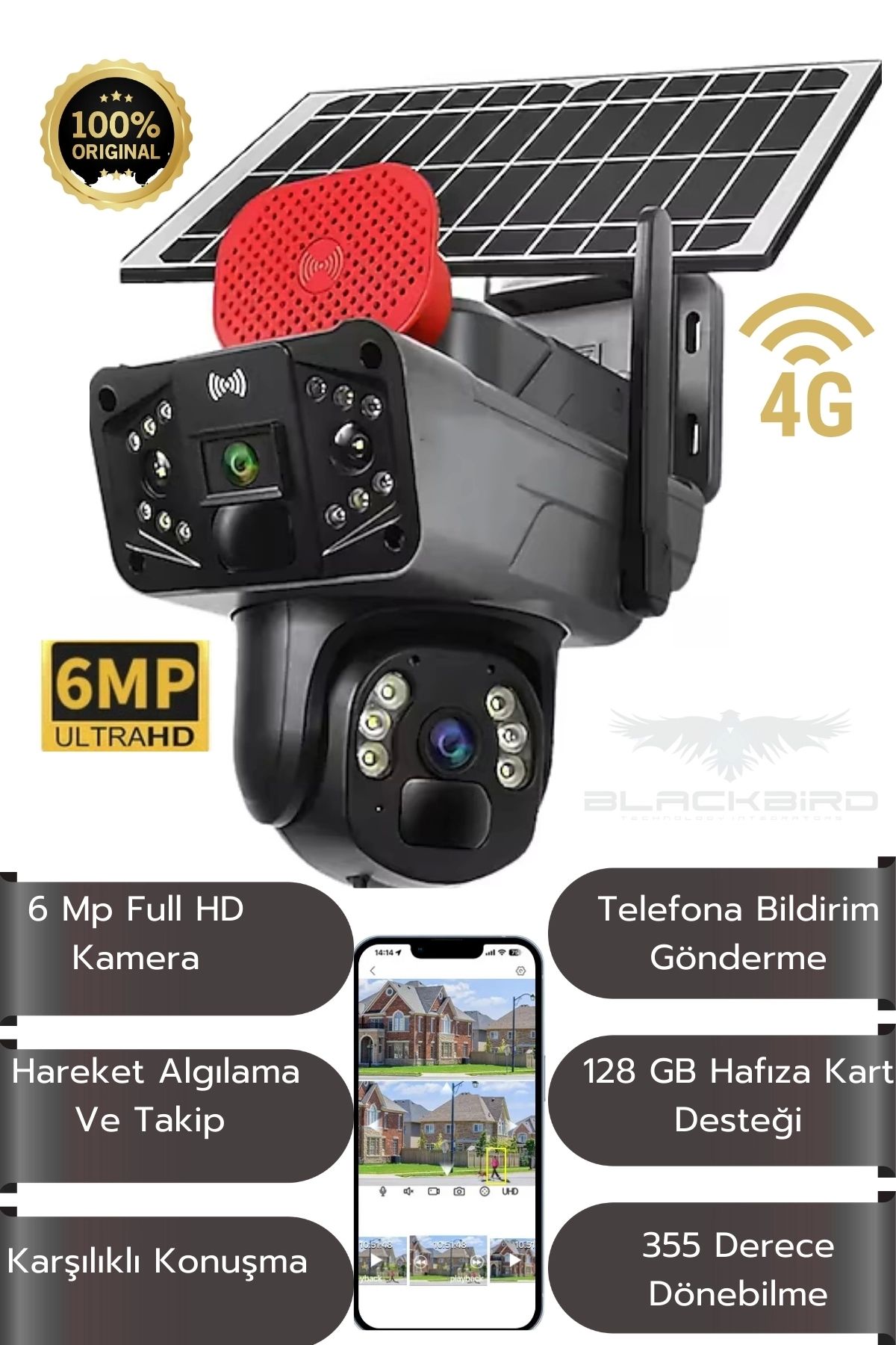 Blackbird Game Center Okam-3915 Siyah 6 Mp 4G Solar Dual Lens Alert Ptz Kamera