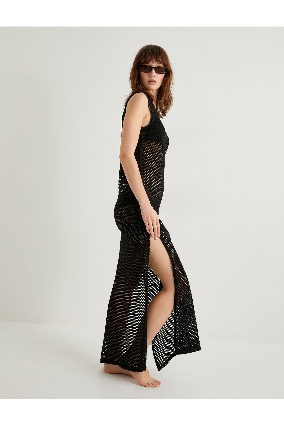 Koton-Openwork Crew Neck Long Crochet Beach Dress - Slit Detail 2