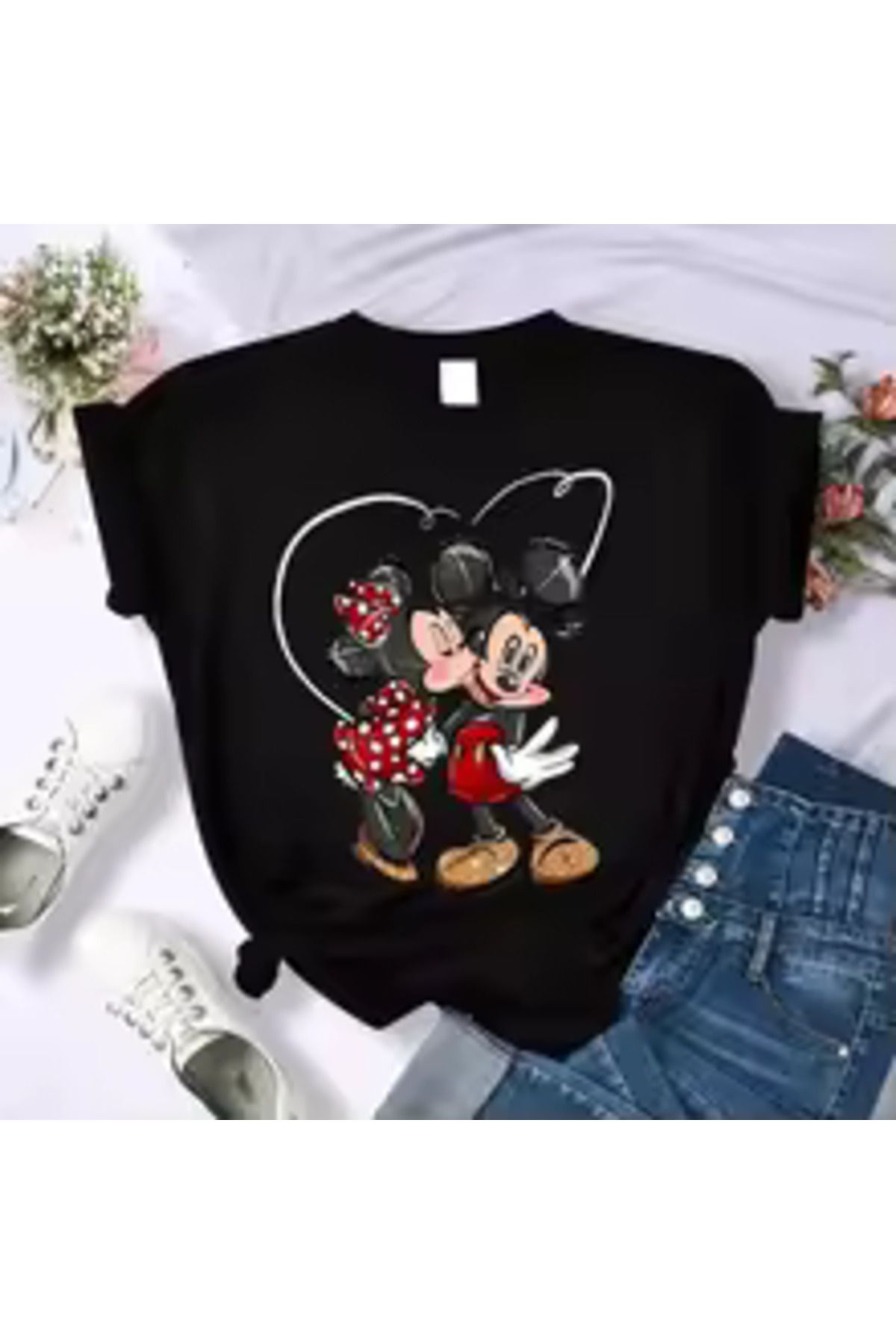 Boi Mickey Tasarım Tişörtler- Oversize Bol Kalıp Günlük Pamuklu Siyah T-shirt