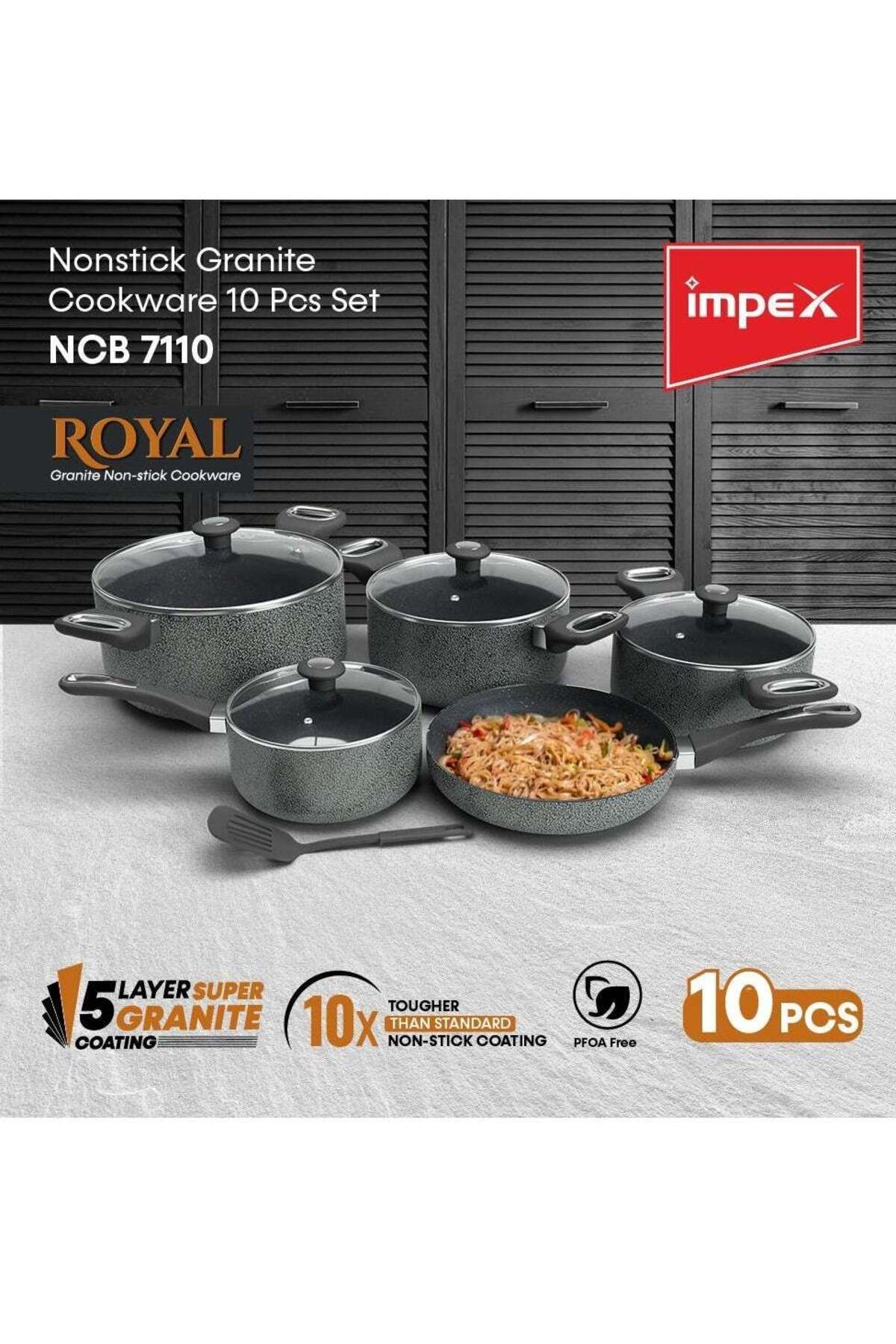 İMPEX-طقم أواني طهي مكون من 10 قطع، 5 طبقات من الجرانيت، مقلاة 24 سم، 3 قدور مع غطاء 20/24/28 سم، قدر حليب مع غطاء 18 سم 1