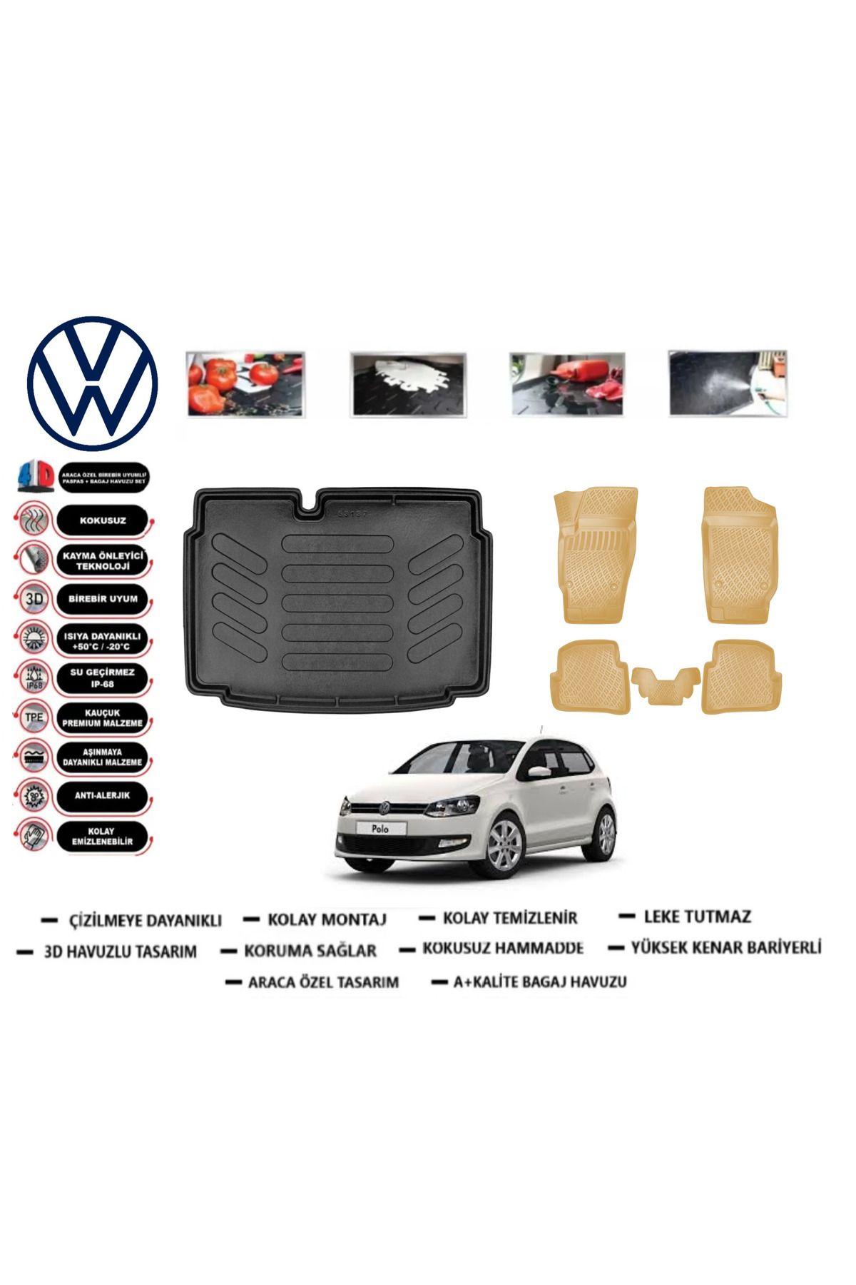 ko kaliteoto Volkswagen Polo 6R 2010 Model Alt Bagaj Havuz Paspası+Araca Özel Bej Paspas Takımı Kauçuk