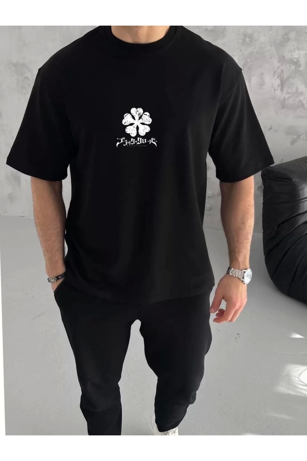 New Shine Unisex Bisiklet Yaka Baskılı Oversize T-Shirt - Siyah