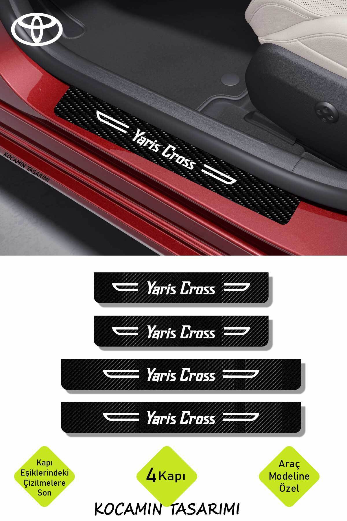 Kocamın Tasarımı Yaris Cross Yazılı Karbon Kapı Eşiği Toyota Yaris Cross İçin Siyah Dekoratif 2 Ön 2 Arka Kapı Koruyu