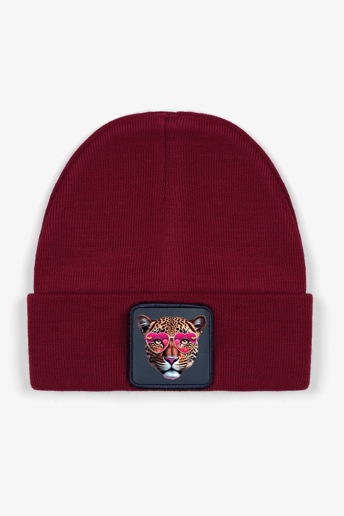 CraftID-Panther with Glasses Burgundy 100% Acrylic Unisex Beanie with Interchangeable Patch 1