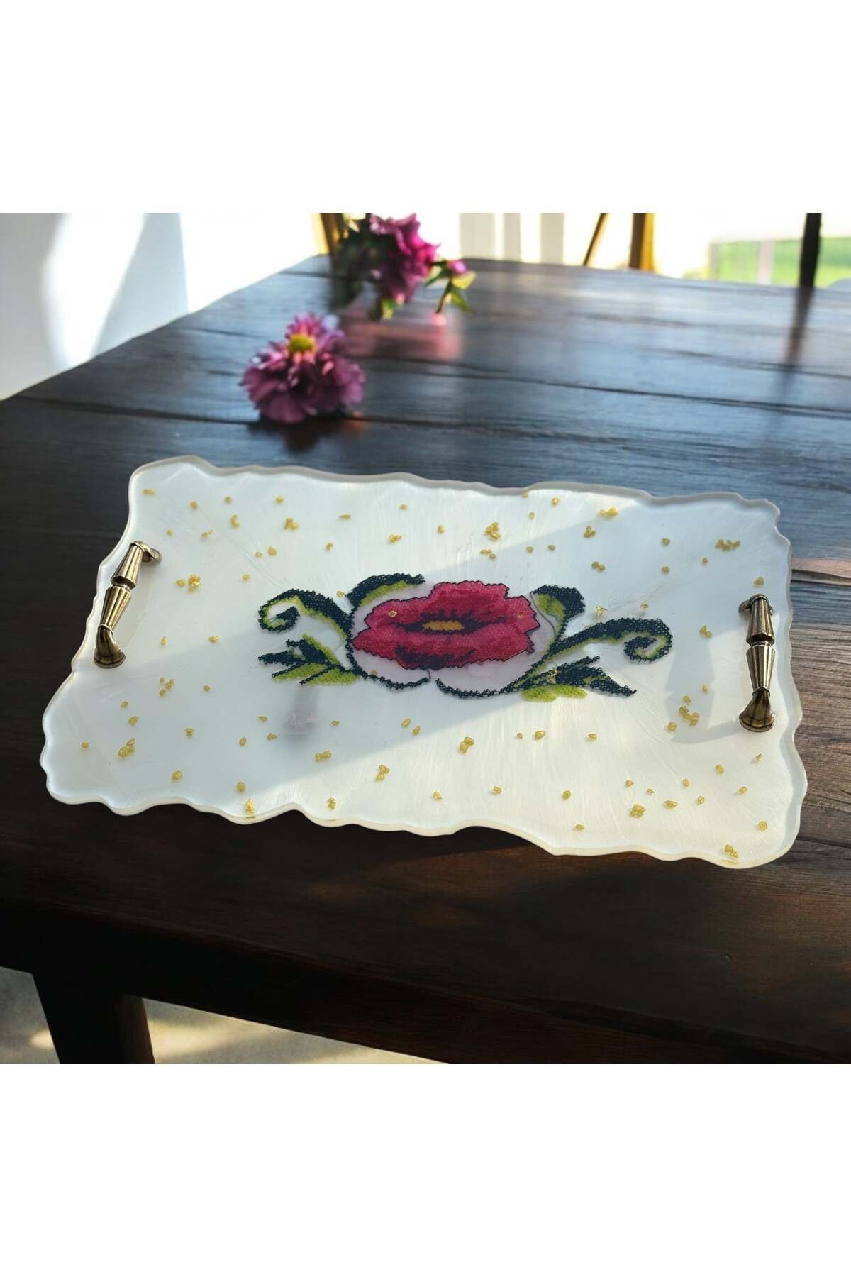 Home-Red Floral Pattern Epoxy Resin Tray - 21 cm Width, 35 cm Length 2