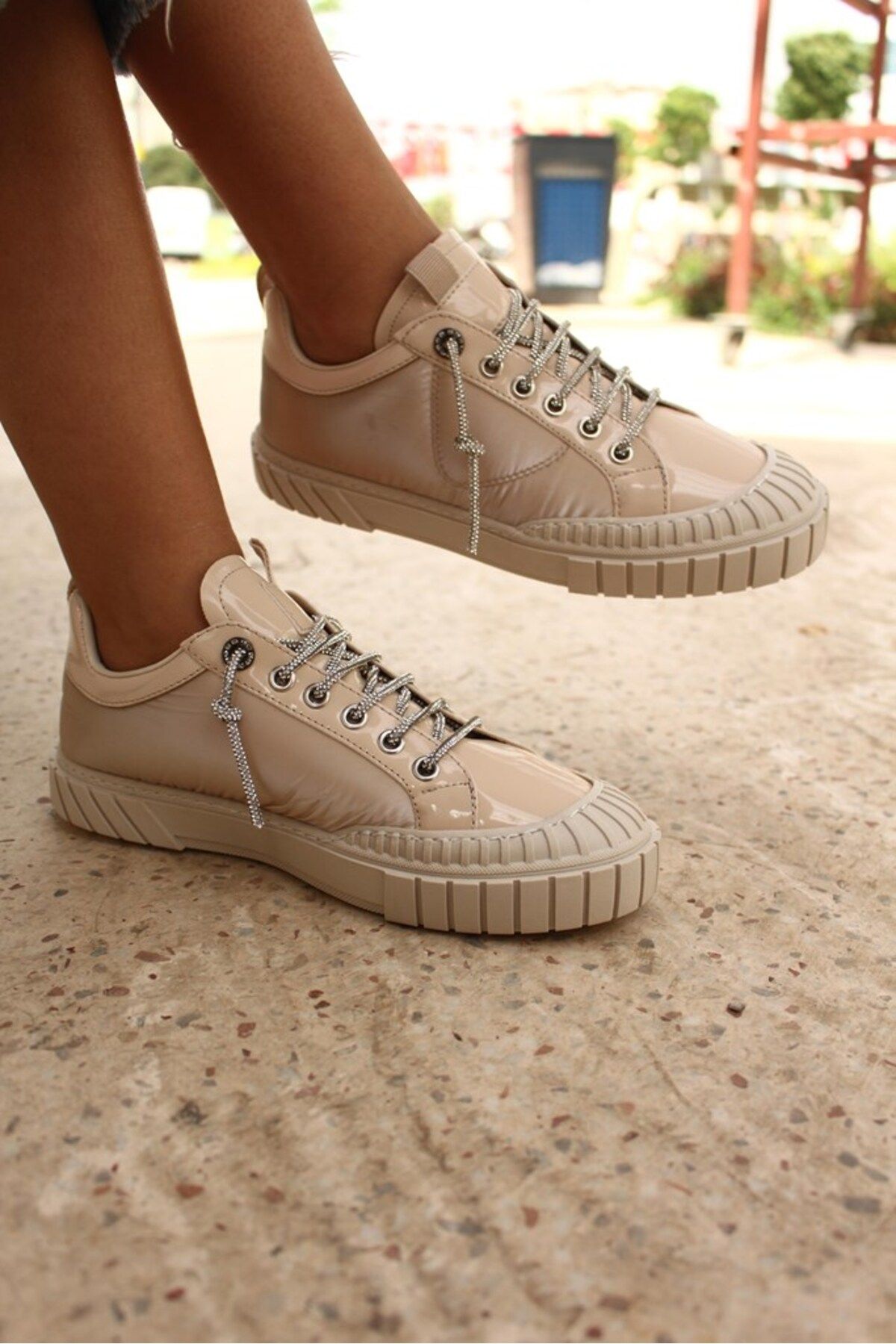 KRISTE BELL-Beige Parachute Fabric Leather Stone Lace-Up Sneaker Women's Sneakers 2