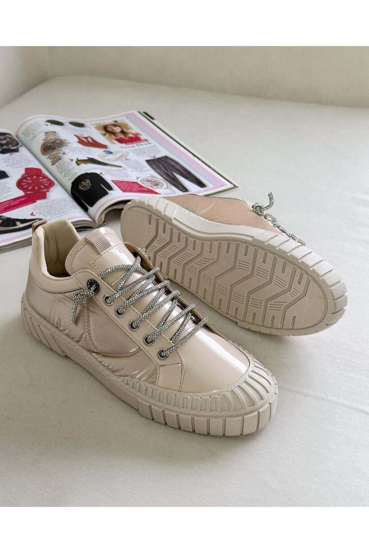 KRISTE BELL-Beige Parachute Fabric Leather Stone Lace-Up Sneaker Women's Sneakers 5