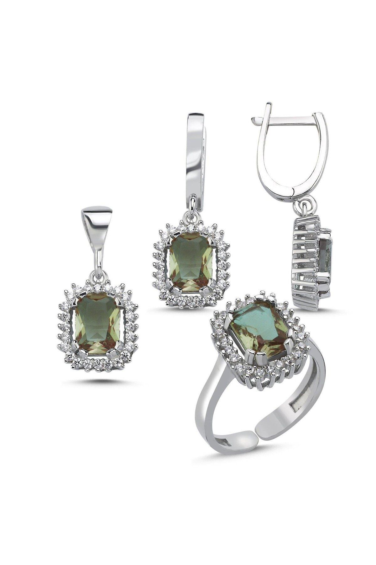 Ceyjewelry Sultanit Zirkon Taşlı Emerald Kesim Ayarlanabilir Boylu Halo Set 925 Ayar